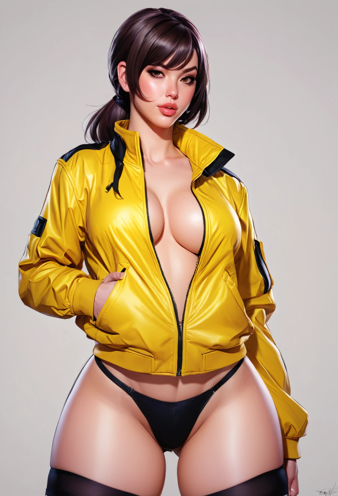 a cartoon image of a woman in a yellow jacket and black panties, thicc, cutesexyrobutts, thick, rossdraws 2. 5, extremely detailed artgerm, high quality colored sketch, :: rossdraws, thick thigs, faye valentine, rossdraws 1. 0, oc commission, badass pose, commission for high res, rossdraws 2. 0