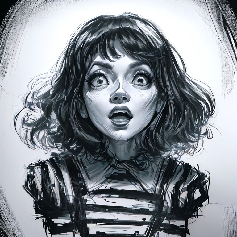 arafed drawing of a woman with a sorprendido look on her face, girl sketch, inspirado en Junji Ito, mirada sorprendida, sorprendido expression, mirada asustada, boceto en blanco y negro, dibujar colores en blanco y negro, junji son 4k, this is Junji&#39;s art style, looking sorprendido, sketch illustration, boceto negro, sorprendido