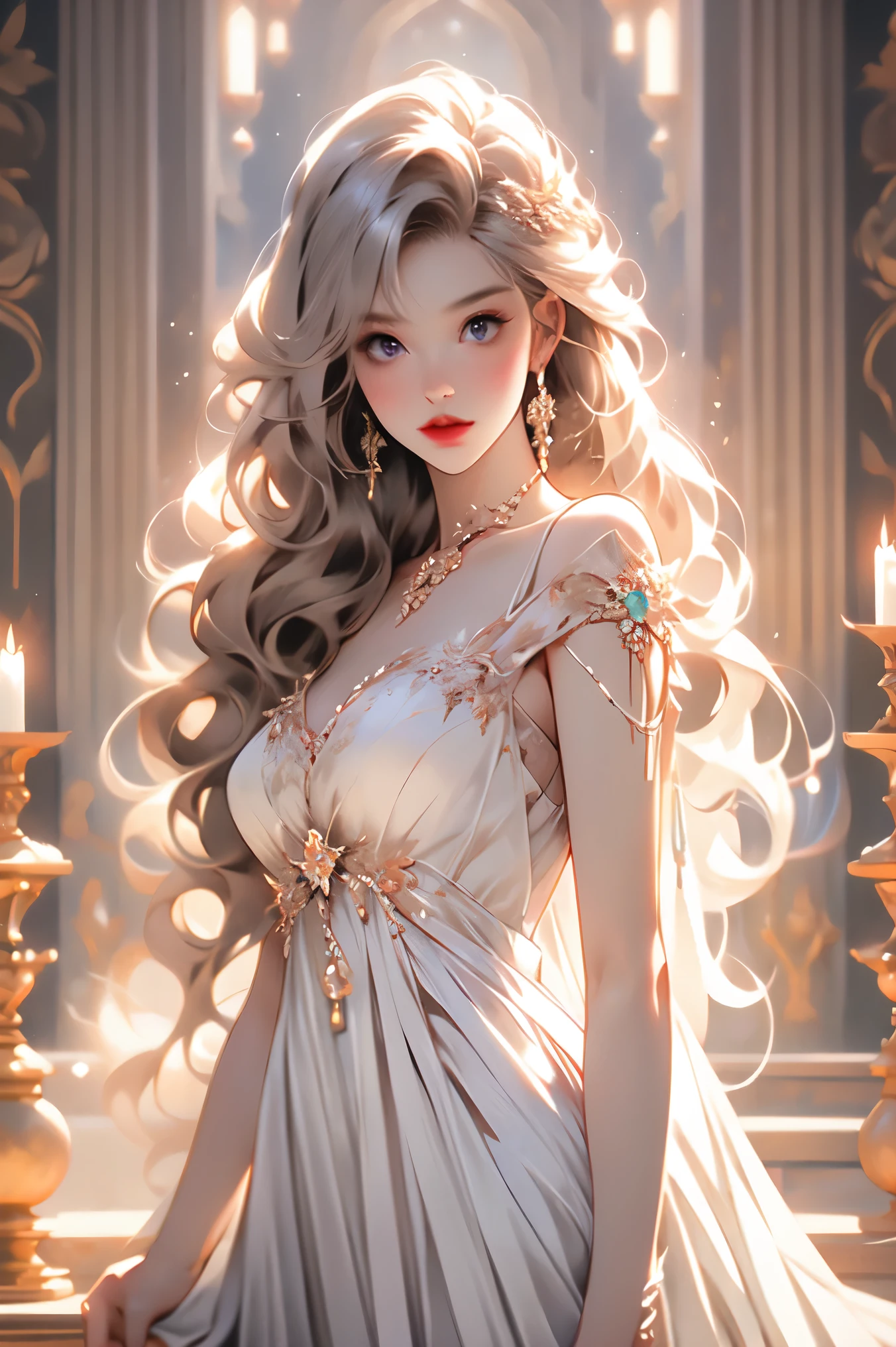 1girl, white hair, white dress, blue eyes, opulent dress, princess, fan, marble hall