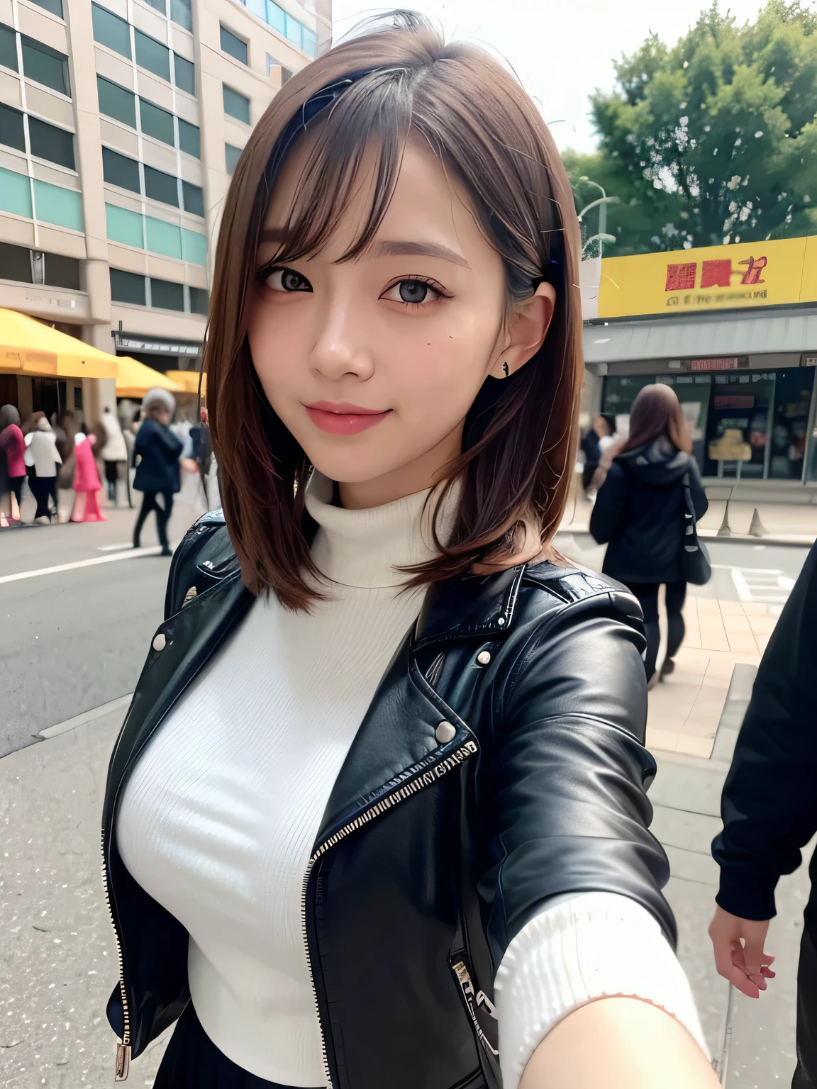 ((masterpiece)), ((highest quality)), (Very detailedな), ((cute)), cute, (Lovely), ((Very detailed)), 4K, (8k), highest quality, (beautiful), Genuineistic, Genuine, Dynamic Angle 0, Front view ,Young and pretty girl in Japan ,city, Attractive person ,Long Bob Hair ,One girl, alone, &quot;uniform&quot;,「Costume」,&quot;Clothes&quot;, Black leather jacket , White turtleneck sweater , Checked mini skirt, ((beautiful eyes)), Large Breasts, Big smile, hyper cute face, Glossy Lips, Double eyelids on both eyes, Natural Makeup, shiny smooth light brown hair of Long Bob Hair, Asymmetrical bangs, High resolution, Attention to detail, Detailed hairstyle, Detailed face, Cinema Lighting, Octane Rendering, hyper Genuineistic, Perfect limbs, Perfect Anatomy