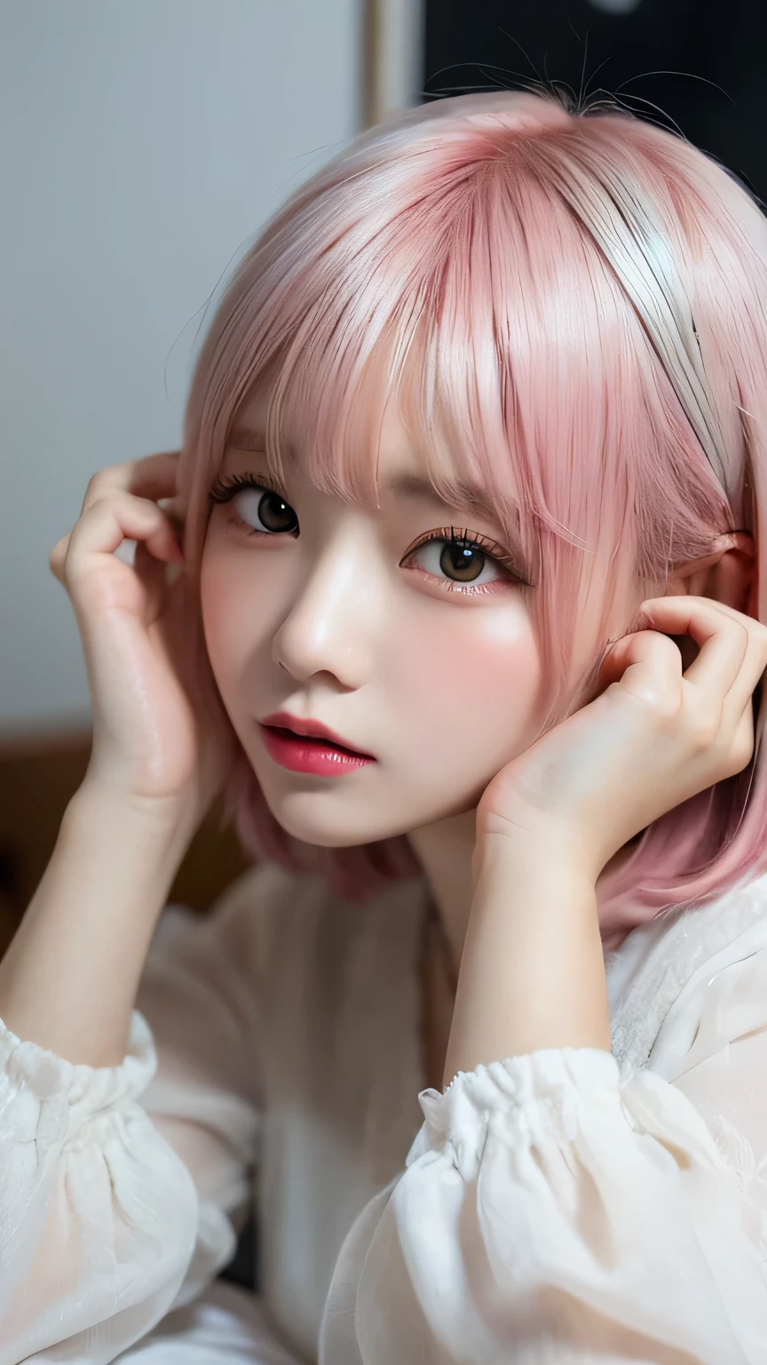 Pieces fly, highest quality, figure, Very detailed, Fine details, High resolution, 8k,wallpaper, Perfect dynamic composition, Beautiful fine details, White camisole,Short Bob Hair、Pink Hair Color,Big Natural Color Lip, Bold sexy pose,Crying a little、Cold Stare,Harajuku Style、20-year-old girl、Cute type、Lolita、Good Eyes、Sleeping in bed、Hold your head