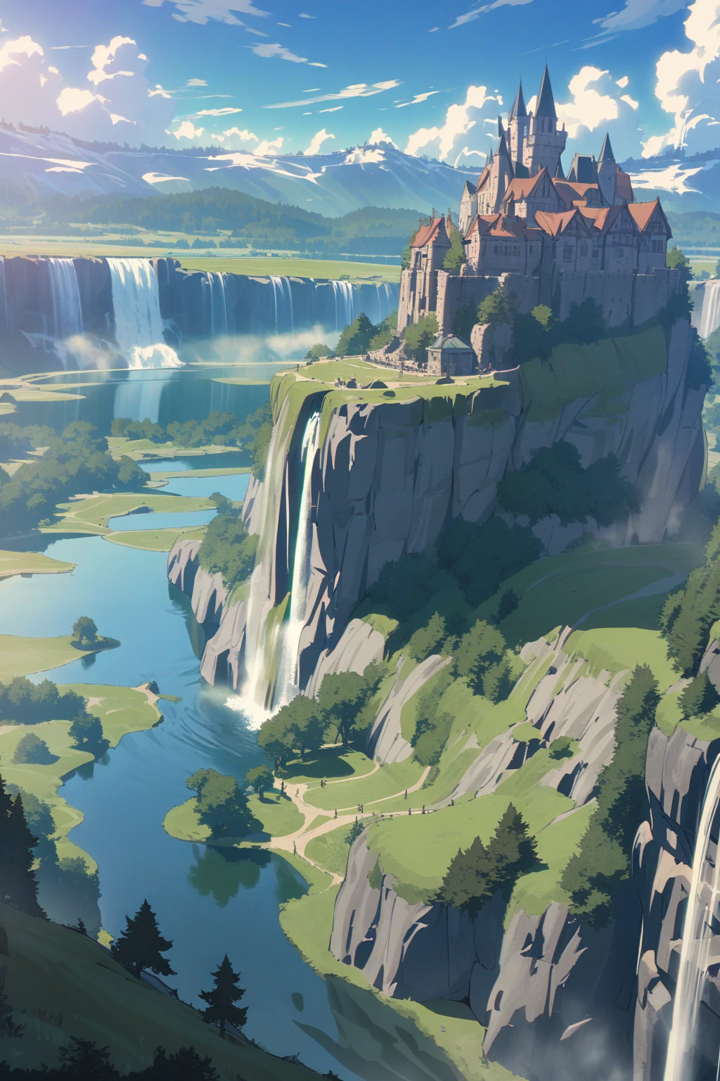 (Masterpiece, best quality, highres) {{Artist: Sincos}} castle on hill, waterfall to the left, above lake, sunny, clouds, fantasy setting.