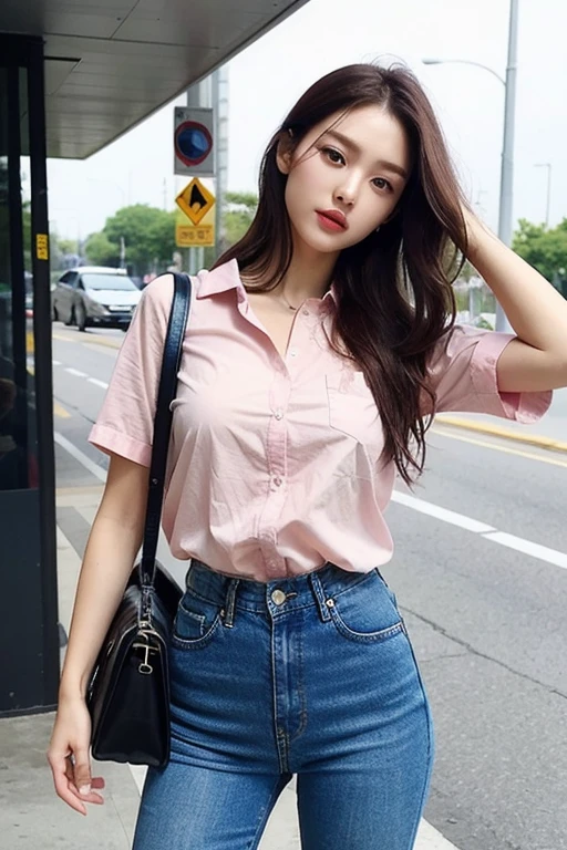 ((midynight, best qualtiy, 8K, tmasterpiece: 1.3)), The upper part of the body, huge tit, Clear focus: 1.2, Pretty Women in Perfect Shape: 1.4, Slender abs: 1.1, (dark brown hair)),Pink shirt,denim pant, standing on your feet: 1.2), Bus stop, very detailed face and skin texture, finely-detailed eyes, double eyelid