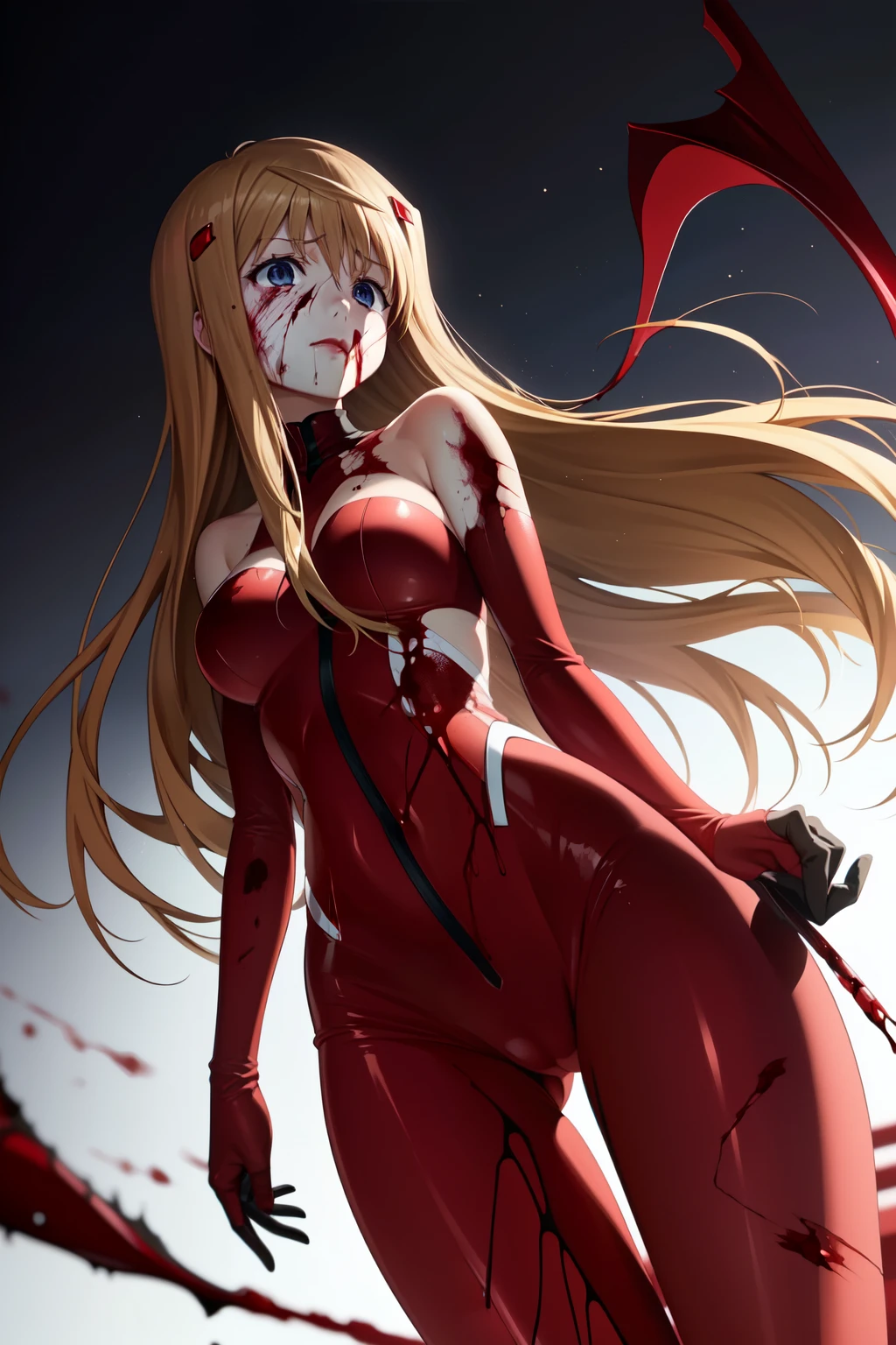 hiiragi_akao, hairclip, akao_bodysuit, pilot suit, gloves, plugsuit, red bodysuit, (((blood, blood on arm, blood on face, blood on clothes, blood on hands)))