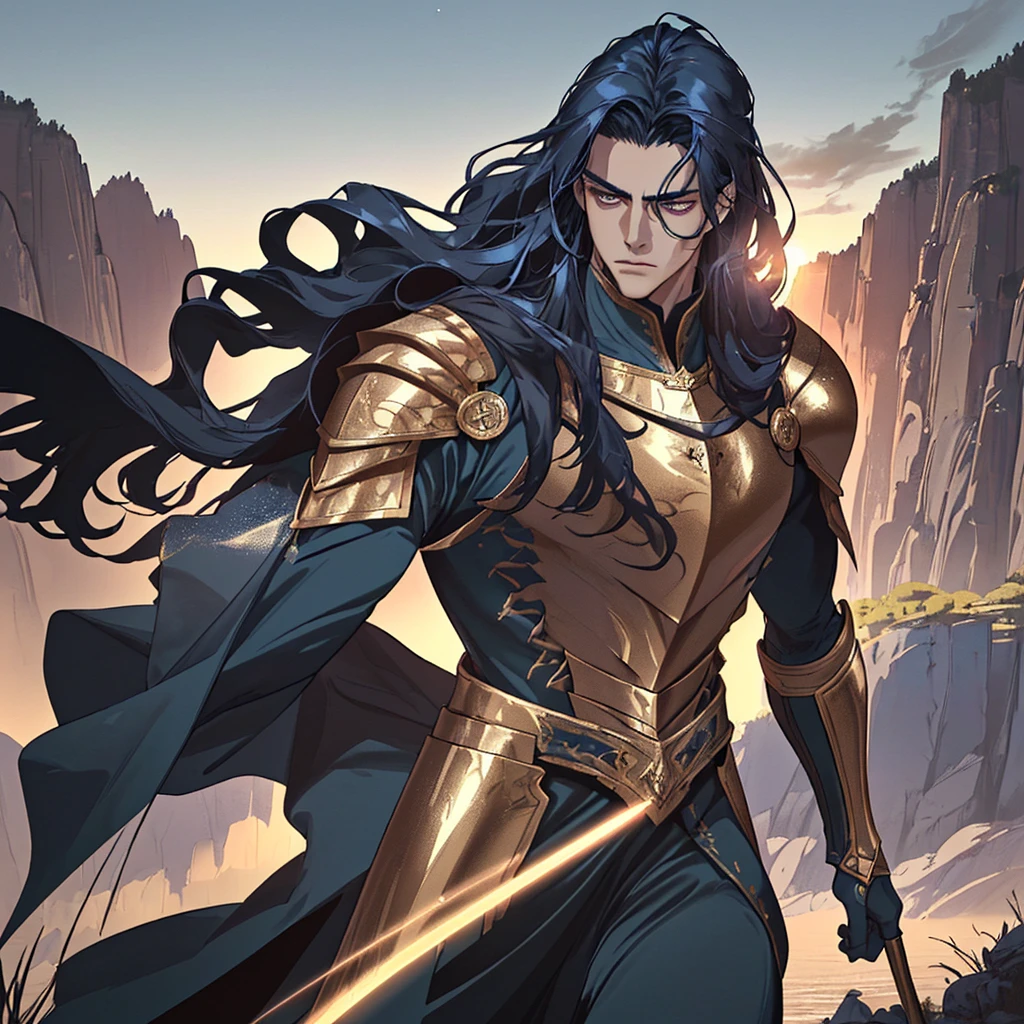 (huge tall man with dark blue hair,long hair,beautiful detailed eyes,detailed face, wearing golden scorpion armor like the knights of the zodiac,well-built body),with (realistic,photorealistic) rendering, in a (dramatic, epic) pose, standing on a (rocky, mountainous) terrain surrounded by (majestic, towering) trees, under a (shimmering, radiant) sunset sky. The (intense, warm) light illuminates the scene, casting (deep, striking) shadows on the landscape. The armor reflects the light, creating a (glowing, metallic) effect. The man's muscles are well-defined and the armor fits perfectly, showcasing his strength and power. He holds a (gleaming, mighty) sword with intricate engravings, ready for battle. The wind blows through his hair and the fabric of his cloak, adding a sense of movement and dynamism to the composition.