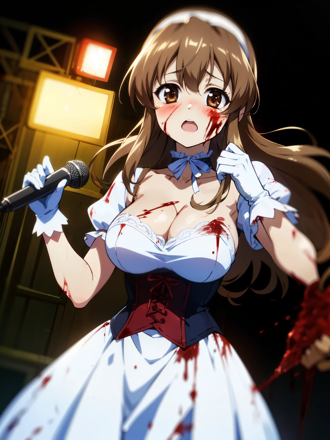 1 girl, masterpiece, high quality, Best quality, good anime picture, Misaki, glasses, ((scar on face)), hair ornament, upper body, medium breast, dynamic light and shadows, smile, open mouth, maid bikini, Wavy hair, maid headdress, split, waist apron, pull the belt, swimsuit, orange hair, hair ornament, maid, black bikini, open mouth, long hair, apron, One, frill, alternative costume, wedding garter, 1 girl, large breast, hairclip, breast, heart, Brown eyes, bikini, High ponytail, I look at the viewer, cowboy shot