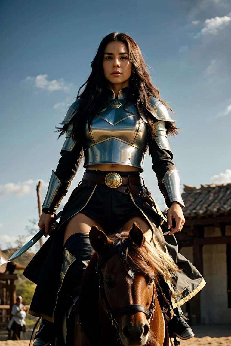 Generate an image of a majestic Swedish female warrior riding a horse, wearing a shiny armor and holding a sword up towards the sky. The warrior has long, flowing black hair with white highlights in the middle, thick wavy eyebrows, sharp almond-shaped eyes, and a determined expression. She wears a fantasy-inspired black and white coat with wide sleeves, a fabric belt around her waist, and loose-fitting pants. The background is a fantasy-inspired training arena with a focus on martial arts. The image should be rendered in a highly detailed, high-resolution, and anatomically correct style, with a focus on realism and perfection. The lighting should be cinematic, with a warm and natural glow. The image should evoke a sense of power, strength, and elegance. Reference: anime-style fantasy martial arts, high-quality manga art, perfect body proportions, golden ratio, symmetrical face, highly detailed eyes and face, high-quality eyes, creative, RAW photography, ultra-high resolution, 32k, natural light, cinematic lighting, masterpiece: anatomy-perfect, masterpiece: 1.5