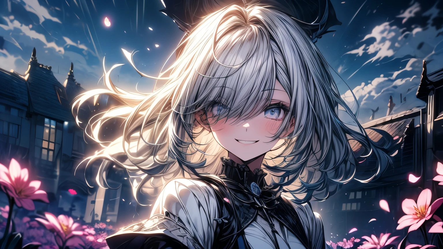 masterpiece, best quality,, 1girl, (colorful),(finely detailed beautiful eyes and detailed face),cinematic lighting,bust shot,extremely detailed CG unity 8k wallpaper,white hair,solo,smile,intricate skirt,((flying petal)),(Flowery meadow), sky, cloudy_sky, building, moonlight, moon, night, (dark theme:1.3), light, fantasy,