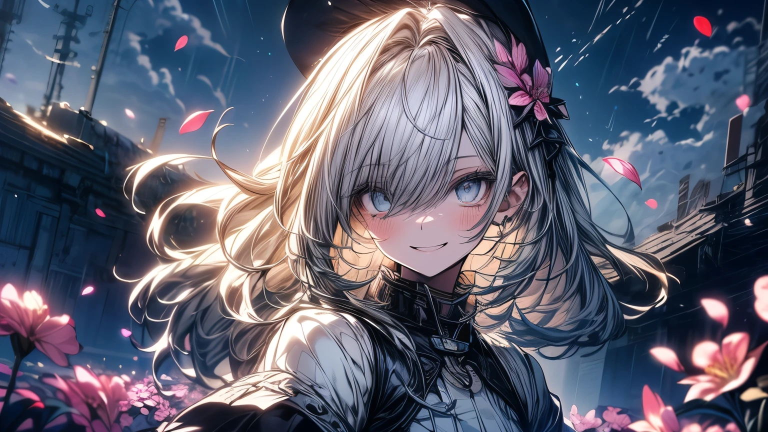 masterpiece, best quality,, 1girl, (colorful),(finely detailed beautiful eyes and detailed face),cinematic lighting,bust shot,extremely detailed CG unity 8k wallpaper,white hair,solo,smile,intricate skirt,((flying petal)),(Flowery meadow), sky, cloudy_sky, building, moonlight, moon, night, (dark theme:1.3), light, fantasy,
