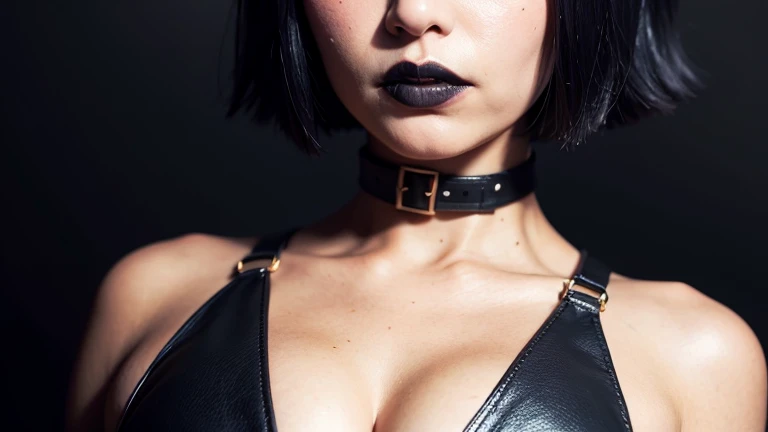 gothic,makeup,black lips, closeup:2, eyeliner:2 disinterested, latex dress, piercing, leather choker, dark black hair, short hair, bangs, simple colored background, masterpiece, beautiful, female, 1girl, solo, large breast