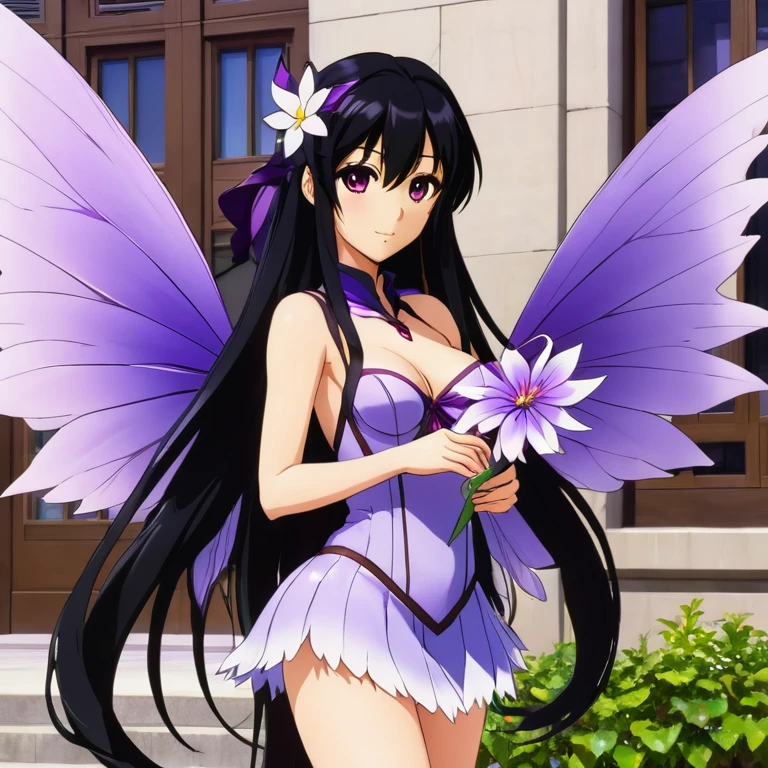 A anime fairy with long black hair and brown eyes, wearing a revealing outfit and holding a flower. She has large purple wings and is standing in front of a building.