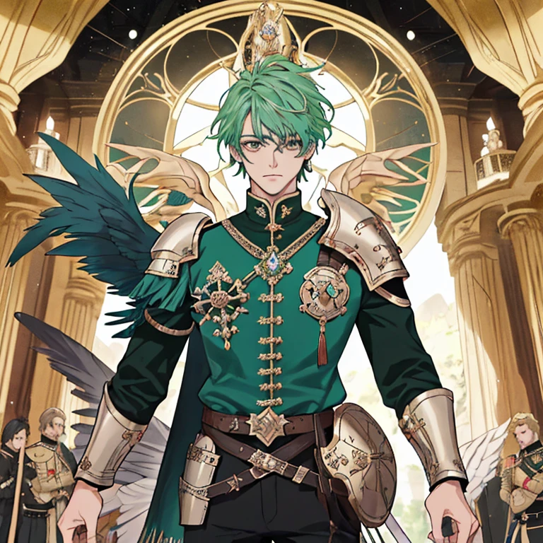 Hombre alto con cabello largo de color verde, cara bien definida y ojos detallados, usando una armadura dorada como los caballeros del zodiaco, la armadura esta manchada en sangre, el esta en una coliseo totalmente destruido y le falta un brazo, tiene un cuerpo bien definidio y es un hombre alto