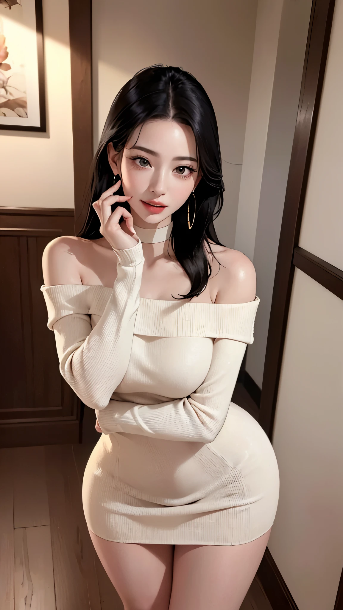 (masterpiece, highest quality, highest quality, Official Art, Beautiful and aesthetic:1.2, Cinematic lighting、Key light at 45 degrees from the front, Fill Light、Soft backlight), 


Beautiful Face、Perfect round ass、The body is slim、Fit and body、Pale skin、Shiny, bright eyes、Long eyelashes、Glossy face、Pervert woman、Beautiful mature woman, 
(Oily skin、Glowing Skin、Realistic skin texture、Beautiful skin in every detail、Shiny skin),

A 23-year-old 、(Cute:1.5)、
 ((Open your mouth))、masterpiece,highest quality,High resolution,Very detailed,skinny,,((Captivating smile ))、(skinny Black hair)Choker,Earrings,Big cleavage、(Light-colored off-the-shoulder tight sweater dress:1.5)、,Race,(( Perfect Fingers )) ,  indoor,(Open the front door 1.2),((sexy Gestures:1.5, A flirtatious, sexy face、A sweet, ecstatic face:1.5, Open your mouth and look at me))、Heavy breathing ,

Accurate 5-finger、Accurate human body、The perfect human body、The most beautiful face, true to the human body、Correct five-finger、The perfect human body、Someone knowledgeable、Highly detailed face and skin texture、Natural neck length、(beautiful Hands)、beautiful, Long, slender legs、Straighten two legs、Straighten two arms、