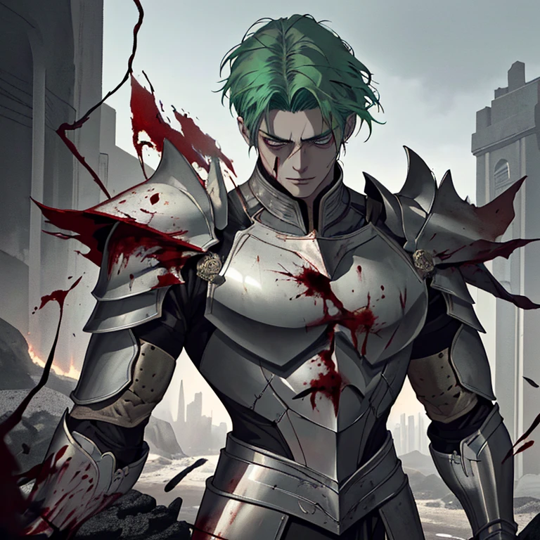 [(best quality,4k,8k,highres,masterpiece:1.2),(realistic,photorealistic,photo-realistic:1.37)] tall man with green hair and grey eyes, well-detailed body, detailed eyes and face, wearing golden armor like the knights of the zodiac, the armor is covered in blood and scratches. The man stands confidently with a determined expression, his pose exuding strength and power. He is surrounded by a dark and menacing atmosphere, with hints of smoke and fire in the background. The lighting highlights the intense colors of the armor, casting dramatic shadows on his muscular figure. The overall color tone is dark and gritty, with a hint of red to emphasize the blood. This artwork should have a mixture of photorealism and artistic style, with attention to every small detail, creating a visually stunning and captivating image.