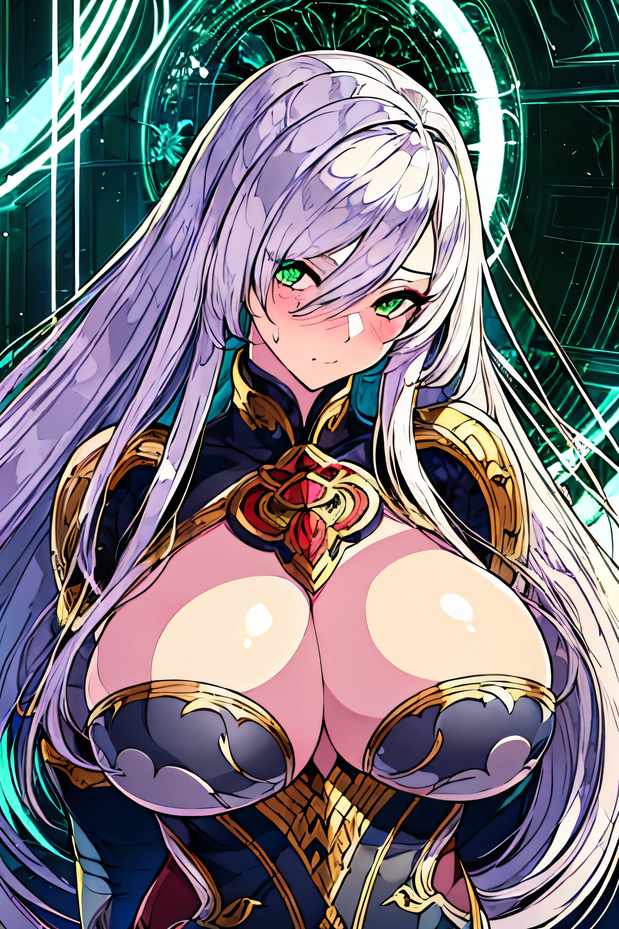 Dragon Girl (white hair) (green eyes), (hair over one eye) (alone), 4k full hd, (((Perfect figure high resolution, ((Best quality at best)),masterpiece,quality,Best quality ((Tabletop)),(((highest quality))),((Very detailed)),((((Realistic)))), Photorealistic:1.37, (Super realistic), (High resolution), (Very detailed), (Best illustrations), (Very detailed細), (Detailed face), (Beautiful expression), ((Details highest quality skins:1.2)), ((Moisturizing the skin)), ((Reddish blush)), (Very detailed background, Detailed Background), Looking at the audience, Huge breasts, Toned thighs, Beautiful cityscape