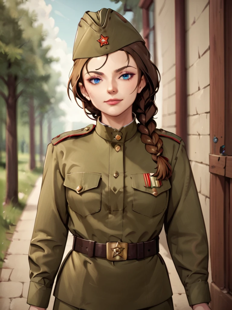 check_9, check_8_up, check_7_up, source_аниме BREAK 1girl, One,Soviet Military Uniform, soviet cap, belt, Brown hair, braided hair, Look at the viewer, emotions, T_T, skirt, Blue eyes, On the field