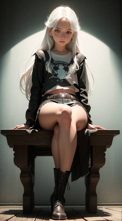 (Front Focus),(In the Dark:1.6), Hyperrealist portrait of female by david hockney and alphonse mucha,Fantasy Art, photographrealistic, Dynamic lighting, art stations, poster for, Volumetric lighting, extra detailed face, 4 k, awardwinning,, 1girl in,tiny chest, In the Dark, deepshadow, lowkey,Cowboy Shot,(official clothing:1.4) ,Long hair,White hair,thin ankles,Skinny Legs,Leather skirt,Laced boots,Sit on a wooden chair,White panty,The cutest pose,