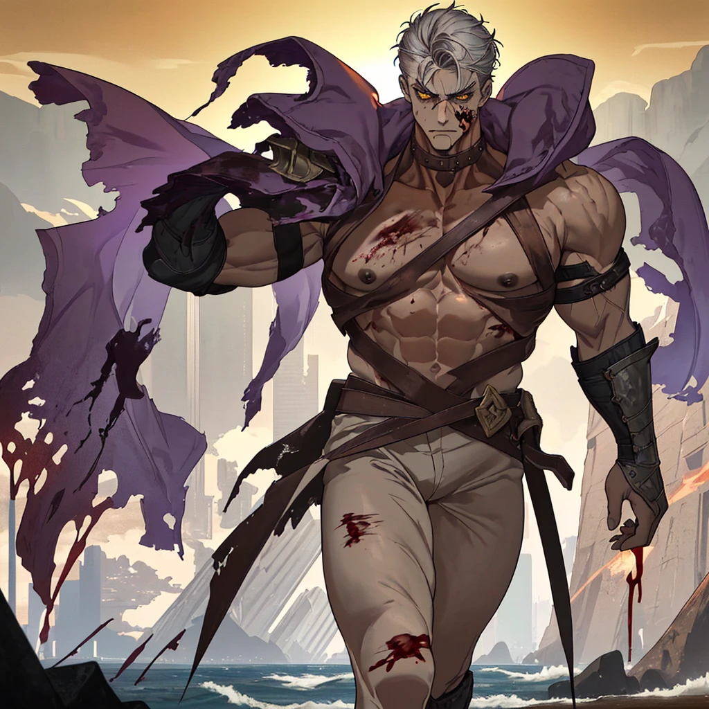 (highres,ultra-detailed),tall man with a large and strong physique,detailed face, detailed eyes,piercing eyes,short gray hair with a slight salt-and-pepper look,standing on a desolate beach surrounded by crashing waves,holding a blood-covered golden sword, blood dripping from its sharp edge,blood-soaked golden armor shining in the sunlight,muscular arms and veins bulging,with a fierce expression on his face,deep wrinkles hinting at a life filled with battles,strong and defined jawline,striking cheekbones,thick eyebrows furrowed with determination,a scar on his left cheek,highlighting his ruggedness and resilience,stands with a sense of power and confidence,overlooking a dystopian cityscape consumed by shadows and chaos,the sky painted in vibrant shades of orange and purple,casting an apocalyptic glow on his figure,a symbol of strength and protection in the midst of darkness and destruction.