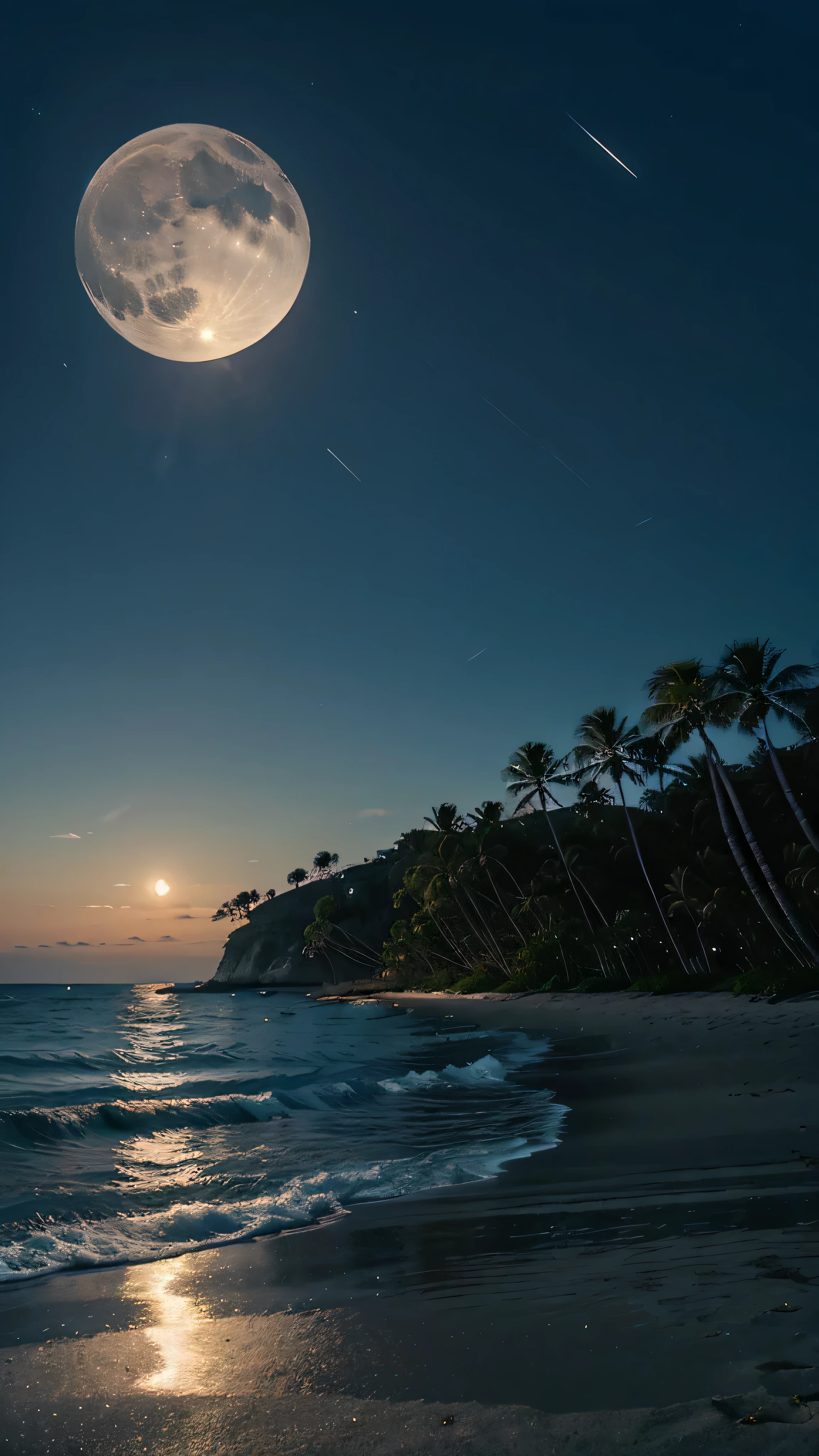 Command: Generate Moonlight Reflection on Sea and Beach with Typical Vegetation and Islands
Description: This command generates images of the moon in the sky reflecting on the water of the sea and beach, with typical vegetation and islands adding to the scene's ambiance.
Parameters:
- Sea condition (options: calm, wavy, stormy)
- Beach vegetation (options: palm trees, mangroves, beach grass)
- Additional elements (options: moon, moonlight reflection on sea and beach, islands)
Example Usage:
Command: Generate Moonlight Reflection on Sea and Beach with Typical Vegetation and Islands
Sea condition: Calm
Beach vegetation: Palm trees, beach grass
Additional elements: Moon, moonlight reflection on sea and beach, islands