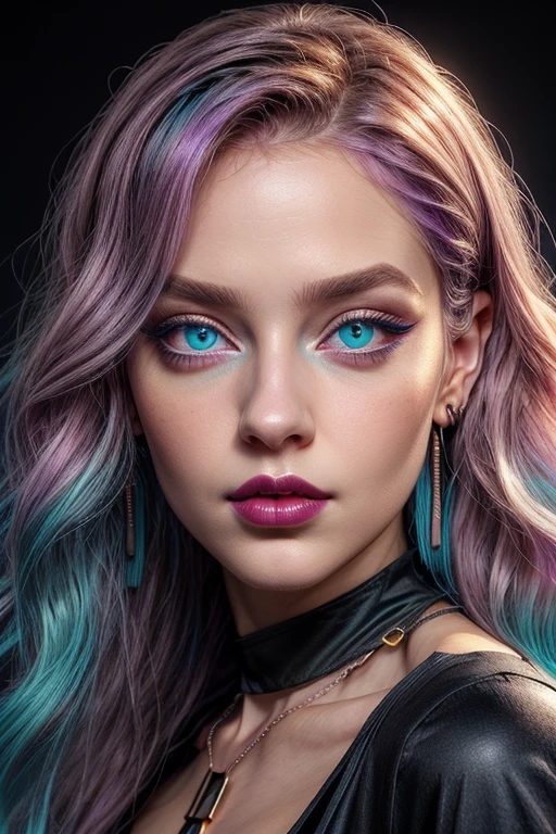 beautiful young girl with wavy purple hair, black necklace around the neck, ((light bright turquoise eyes)), Artgerm, Стэнли Artgerm Лау, a digital painting of an, digital art, (black V-neck top), ((blue shirt)), ((((I look at the viewer)))), ((pale red lips)), (pale skin), Heavy black makeup, black eyeliner and eye shadow, high volume hair, (cute face), photo realistic, masterpiece, 1 girl, Best quality, portrait, 8K, Hyper-realistic lighting,