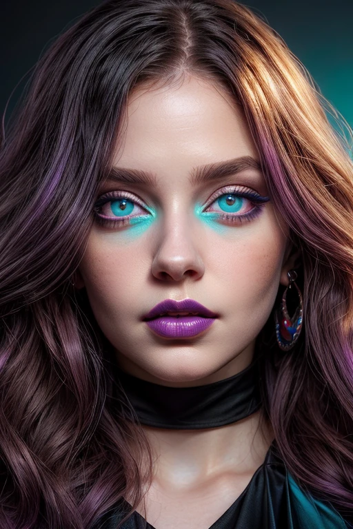 beautiful young girl with wavy purple hair, black necklace around the neck, ((light bright turquoise eyes)), Artgerm, Стэнли Artgerm Лау, a digital painting of an, digital art, (black V-neck top), ((blue shirt)), ((((I look at the viewer)))), ((pale red lips)), (pale skin), Heavy black makeup, black eyeliner and eye shadow, high volume hair, (cute face), photo realistic, masterpiece, 1 girl, Best quality, portrait, 8K, Hyper-realistic lighting,