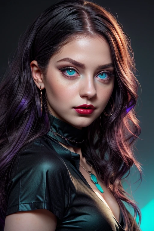 beautiful young girl with wavy purple hair, black necklace around the neck, ((light bright turquoise eyes)), Artgerm, Стэнли Artgerm Лау, a digital painting of an, digital art, (black V-neck top), ((blue shirt)), ((((I look at the viewer)))), ((pale red lips)), (pale skin), Heavy black makeup, black eyeliner and eye shadow, high volume hair, (cute face), photo realistic, masterpiece, 1 girl, Best quality, portrait, 8K, Hyper-realistic lighting,