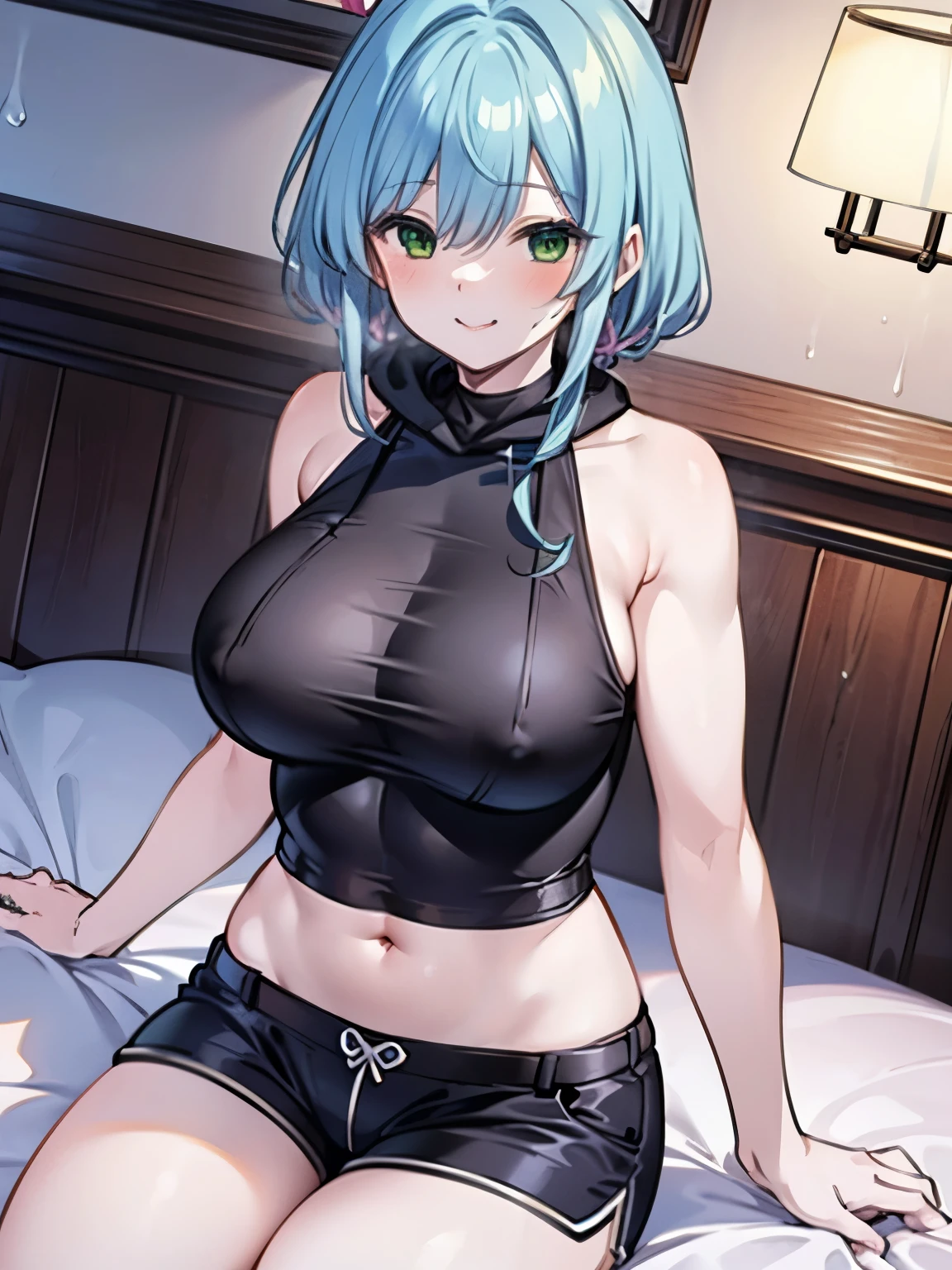 Second Dimension、Cool girl、sister、smile、Light blue hair、Are standing、front、bed、tall、Masculine muscles、Big Abs、Side Chest、shoulder、Big Tits、Pectoralis major、Large waist circumference、Black Bikini、Shorts、Pink hoodie、Midriff、Long Hair、Light blue hair、Green Eyes、Open your mouth、Dark Room