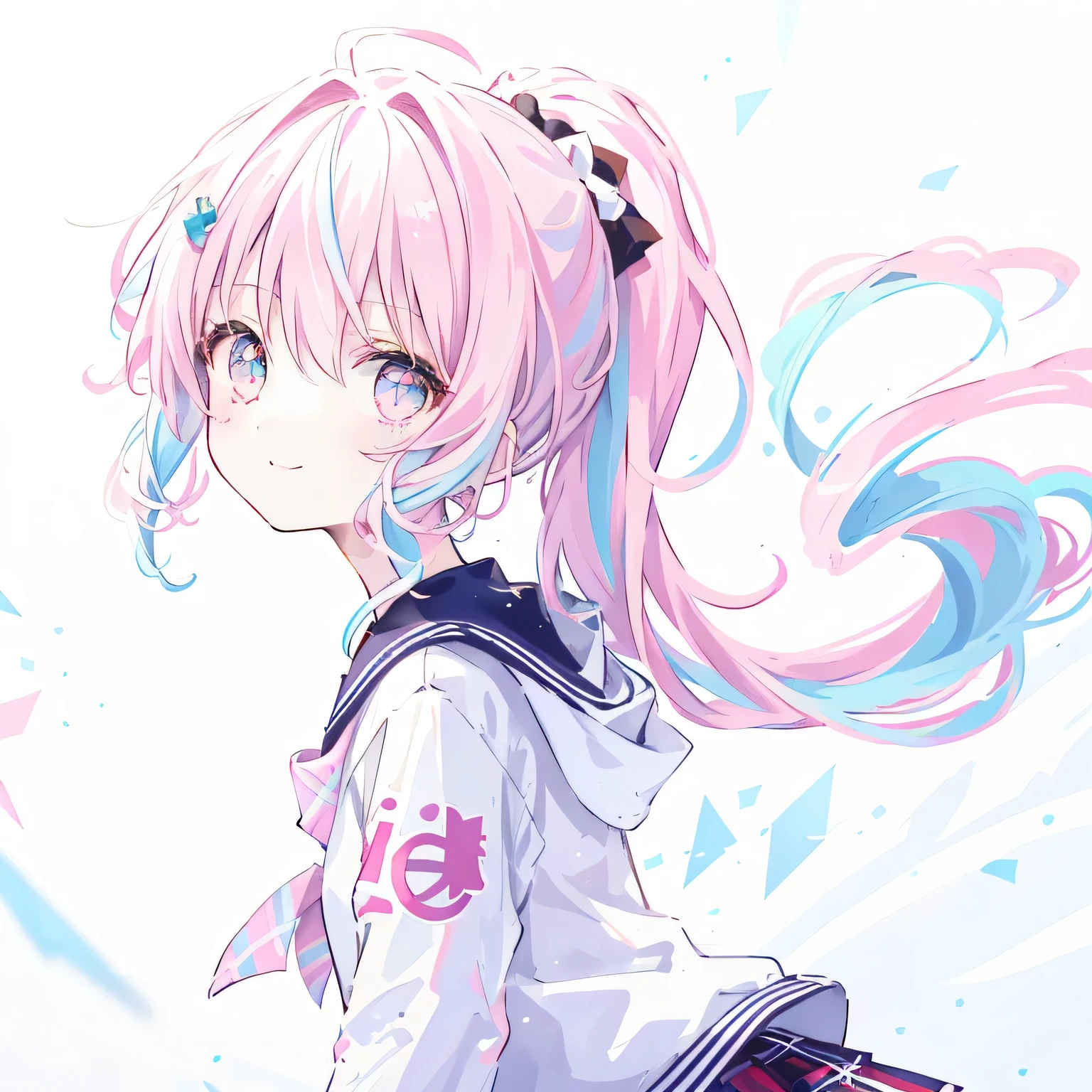 One girl, oasis, Brush Sticker, Double Ponytail, Triple White, Tartan,Pastel pink gradient hair,, White Background,Smiling,Angel&#39;s Smile,