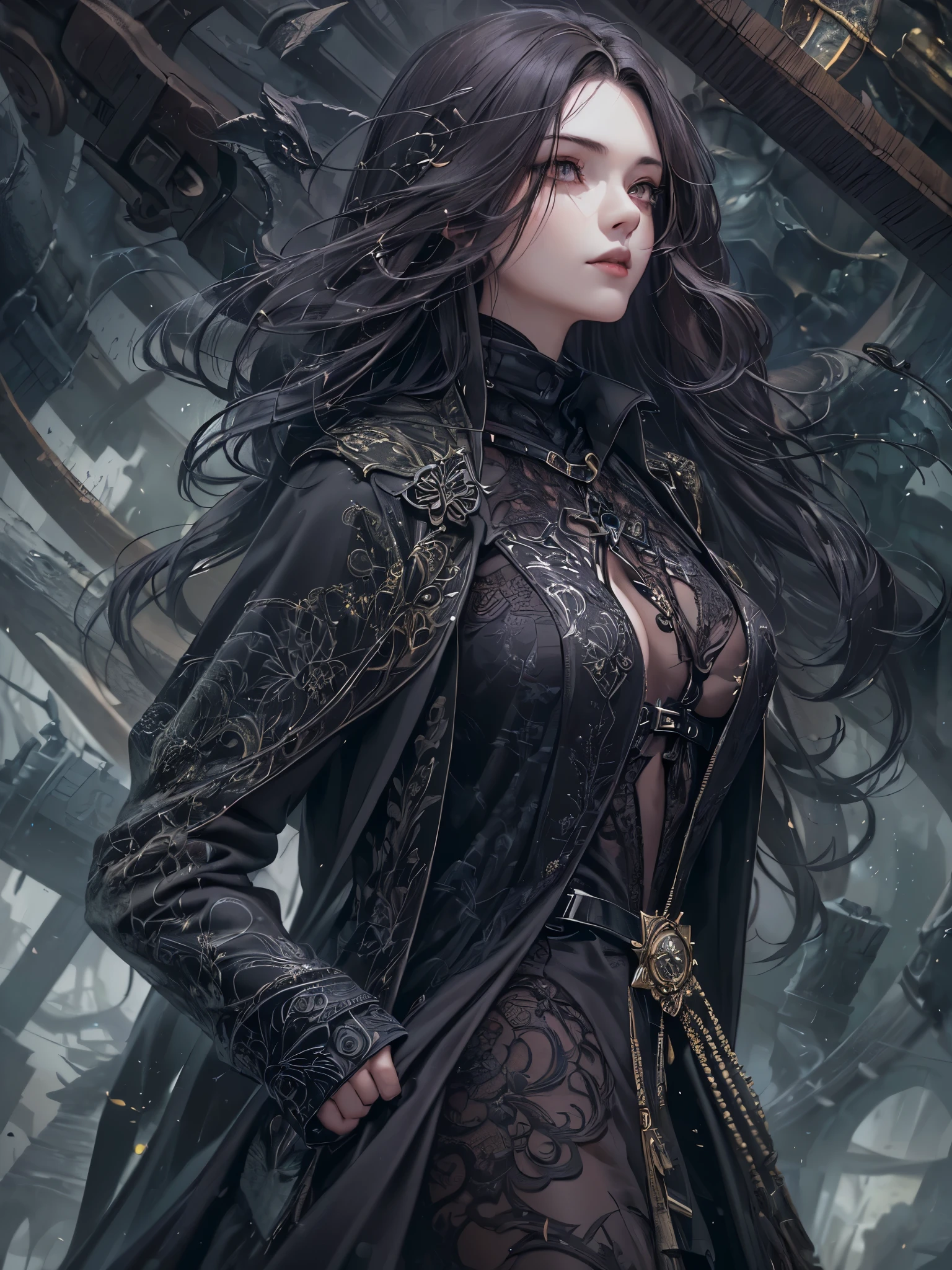 ((highest quality)),(Ultra-high resolution),(Very detailed),(Detailed Description),((The best CG)),(A masterpiece),Ultra-detailed art,Amazing drawing art,(Fantasy art with intricate detail:1.5), (Woman in black long coat:1.7),(Chest accentuated by harness:1.5),
