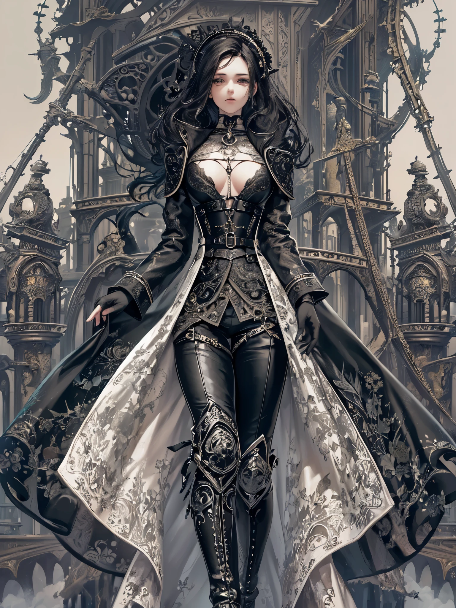 ((highest quality)),(Ultra-high resolution),(Very detailed),(Detailed Description),((The best CG)),(A masterpiece),Ultra-detailed art,Amazing drawing art,(Fantasy art with intricate detail:1.5), (Woman in black long coat:1.7),(Chest accentuated by harness:1.5),(Stiletto long boots:1.2)