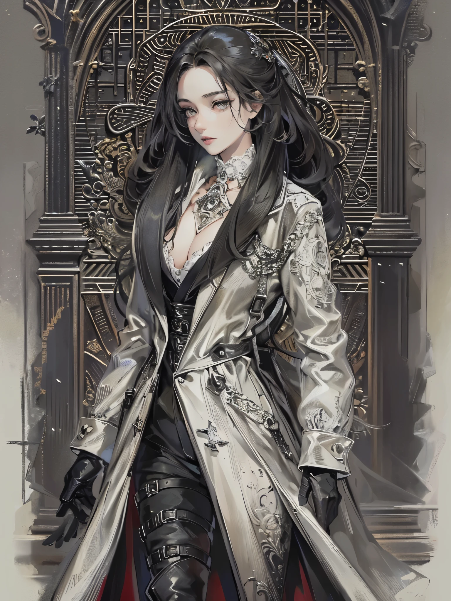 ((highest quality)),(Ultra-high resolution),(Very detailed),(Detailed Description),((The best CG)),(A masterpiece),Ultra-detailed art,Amazing drawing art,(Art with exquisite detail:1.5), (Woman in black long coat:1.7),(Chest accentuated by harness:1.5),(Stiletto long boots:1.2)