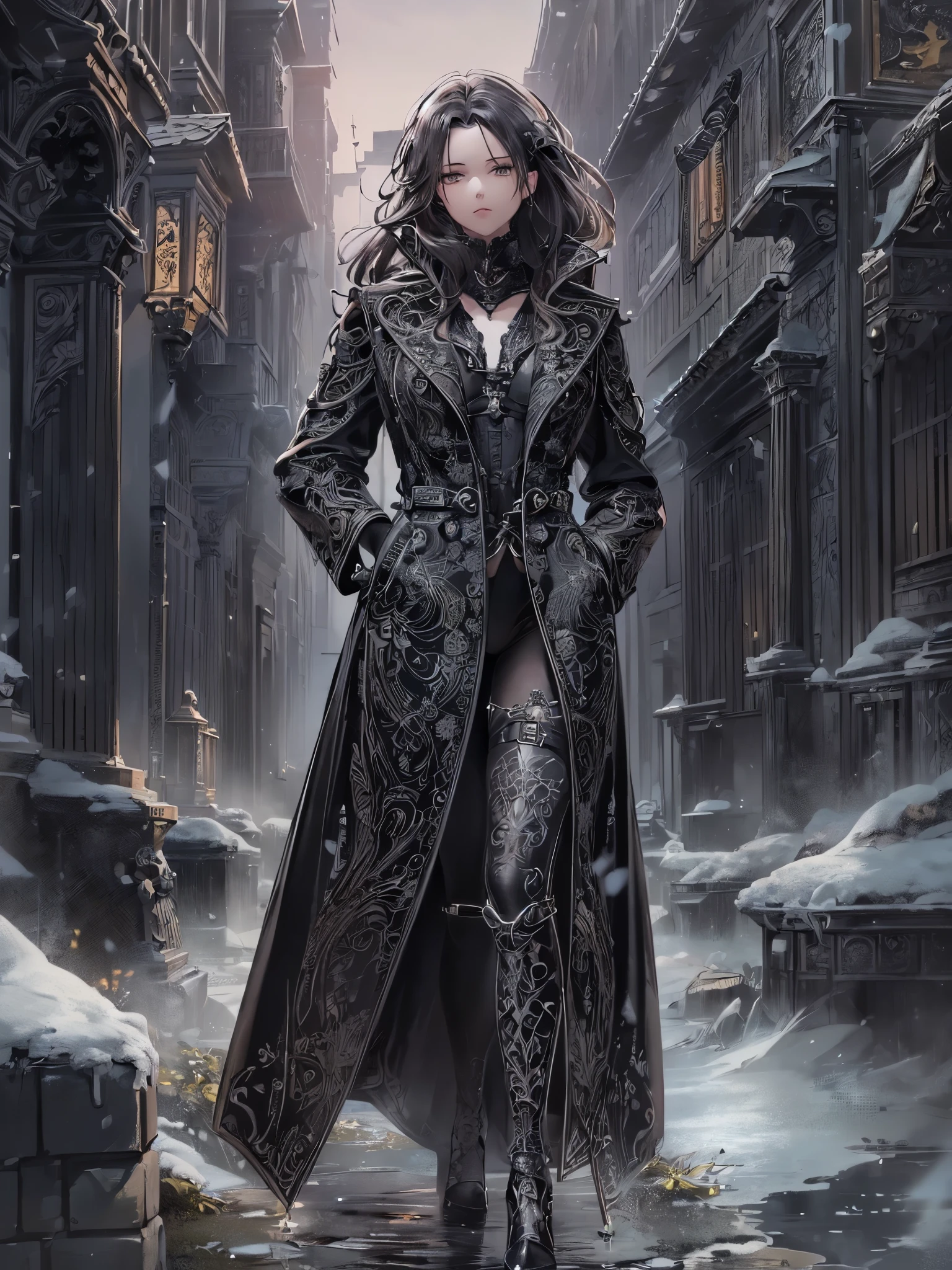 ((highest quality)),(Ultra-high resolution),(Very detailed),(Detailed Description),((The best CG)),(A masterpiece),Ultra-detailed art,Amazing drawing art,(Art with exquisite detail:1.5), (Woman in black long coat:1.7),(Chest accentuated by harness:1.5),(Stiletto long boots:1.2)