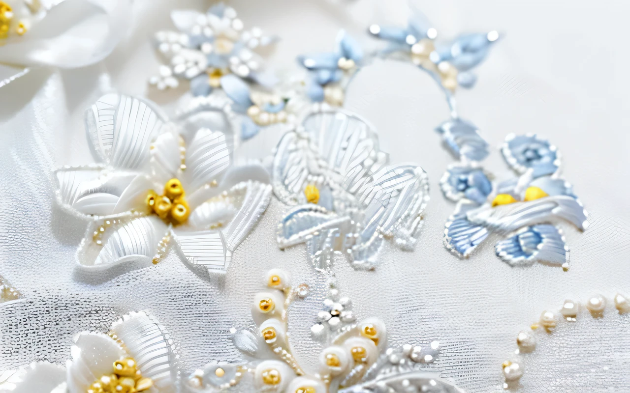 Bride ', Veil with Fine embroidery, Blanche, beautiful stitched hem, Rococo pattern, silver thread embroidery on white background, decorated with pearly beads, close-up photo of beautiful bride ', Veil on wedding day, studio lighting, photographed by professionals, masterpieces,