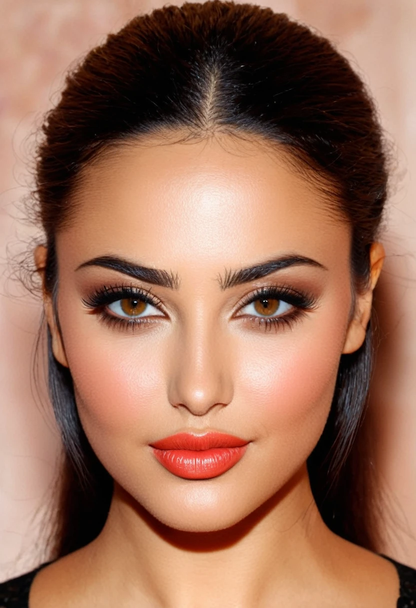 mixed between italian and algerian race, long soft dark hair, Hazel eyes, full lips, round eyes, round face, rounded medium arch eyebrows, broad forhead, a little bet overweight, hooked nose, pointed chin