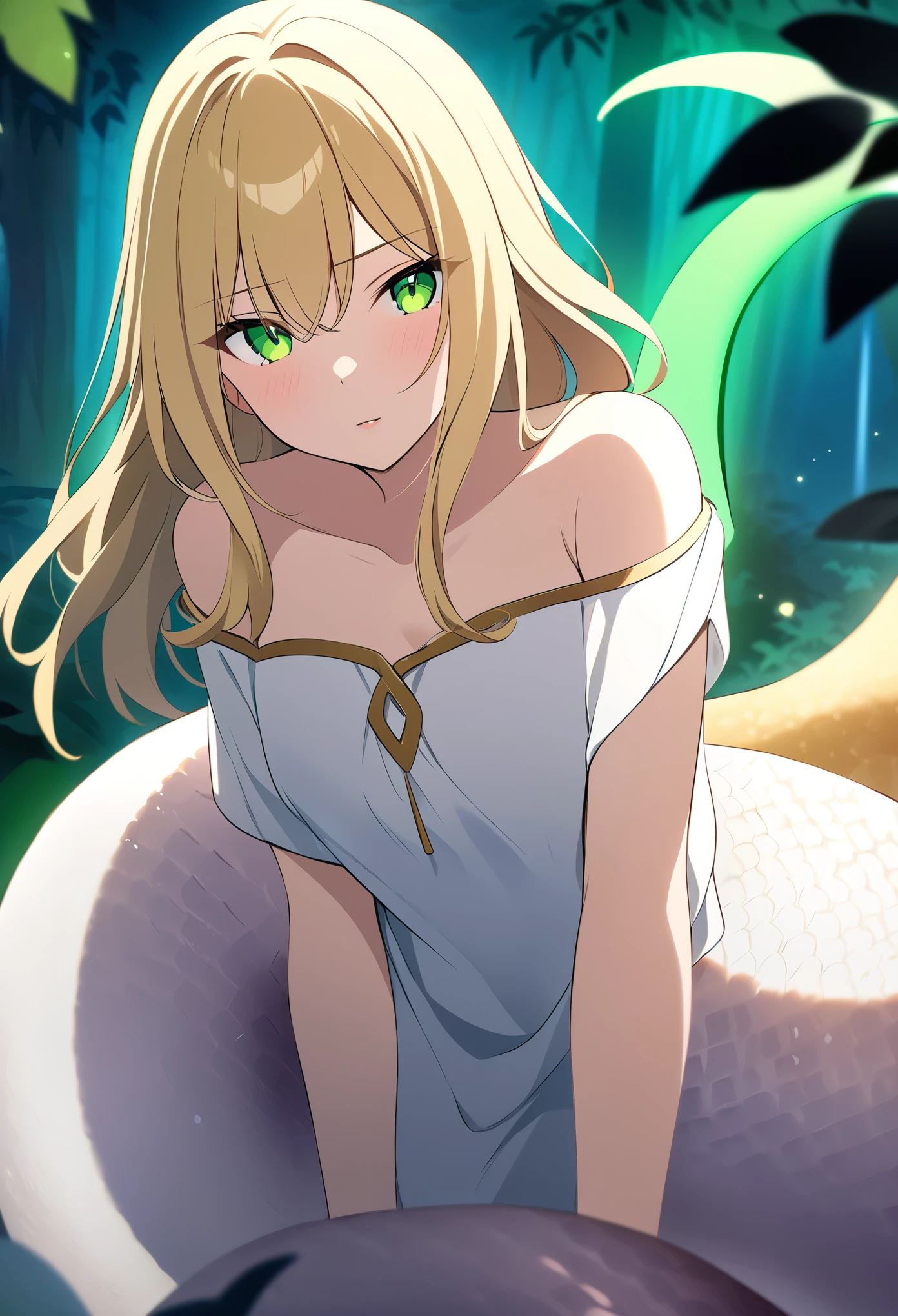 (Top image quality)，2023 Animation，Top animation quality，High-definition animation details，Detailed wallpaper，(masterpiece)，(medium view), solo，A woman is (lamia)，Ancient Greek robes，Off-shoulder，Pretty face，Fine blond hair，[Golden snake tail，snake tail very smooth]，looking at viewer，Forest background，Depth of Field，at night，Dynamic green light