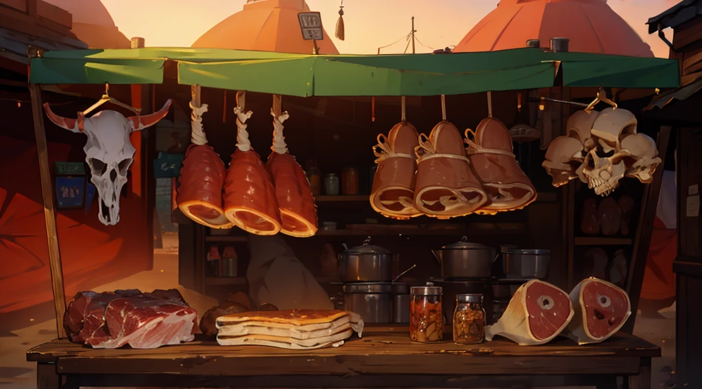 fantasy market, traditional market meat shop, market stalls, (market tents), butchery, hanged animal skull, hanged human skulls, (hanged tied meat), sand ground, (daybreak, early morning, dawn, dark morning), small lantern,