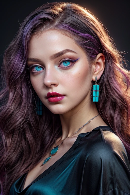 beautiful young girl with wavy purple hair, black necklace around the neck, ((light bright turquoise eyes)), Artgerm, Стэнли Artgerm Лау, a digital painting of an, digital art, (black V-neck top), ((blue shirt)), ((((I look at the viewer)))), ((pale red lips)), (pale skin), Heavy black makeup, black eyeliner and eye shadow, high volume hair, (cute face), photo realistic, masterpiece, 1 girl, Best quality, portrait, 8K, Hyper-realistic lighting,