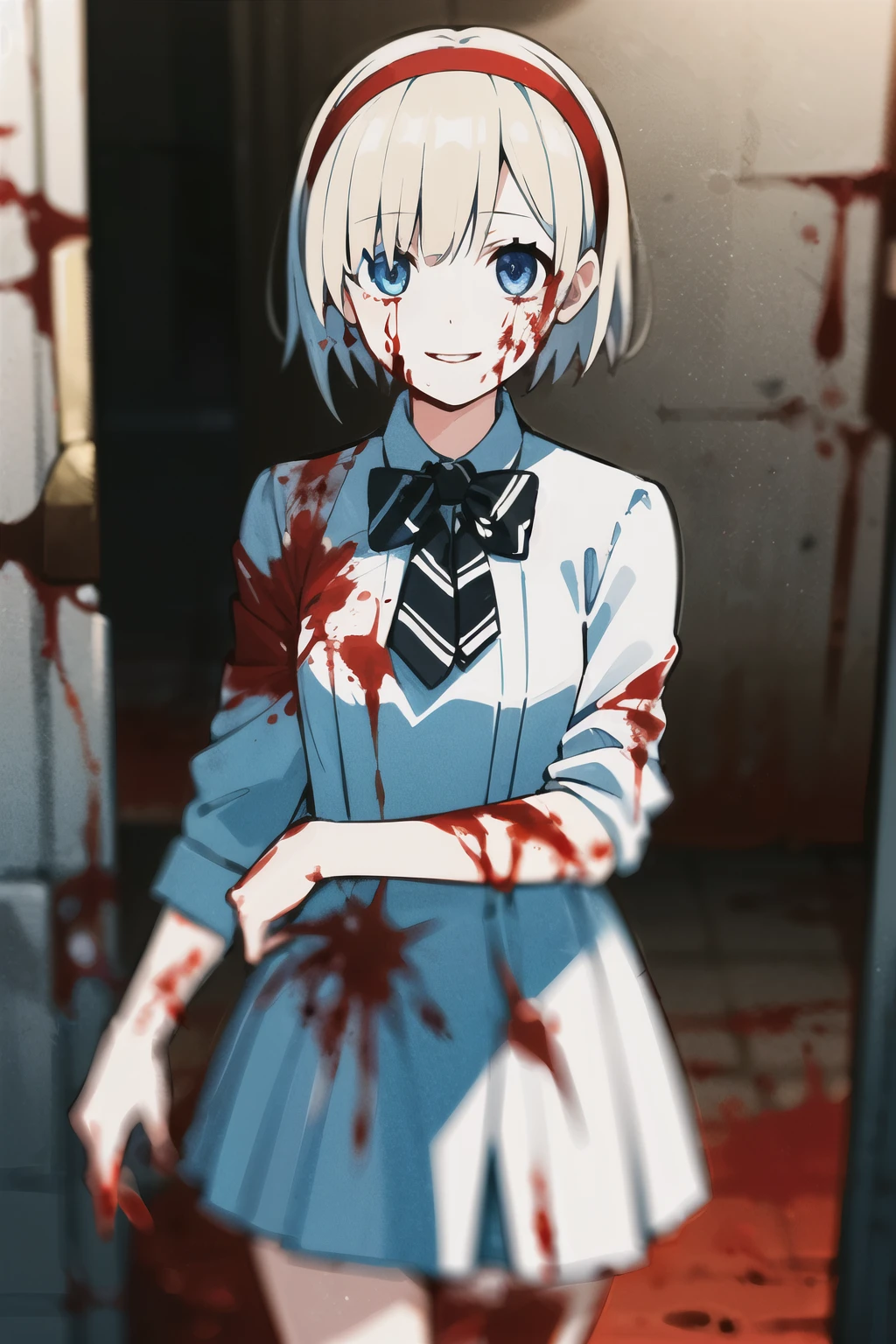 okuzora kohaku,
(best quality), (masterpiece),highres,ultra-detailed,illustration,(detailed light),
solo,1girl, teenage,
blonde hair, short hair, hairband, bangs, blue eyes, ultra-detailed eyes, kind smile, white dress, long sleeves, bowtie, striped, outdoors, shibuya \(tokyo\), (((blood, blood on arm, blood on face, blood on clothes, blood on hands)))