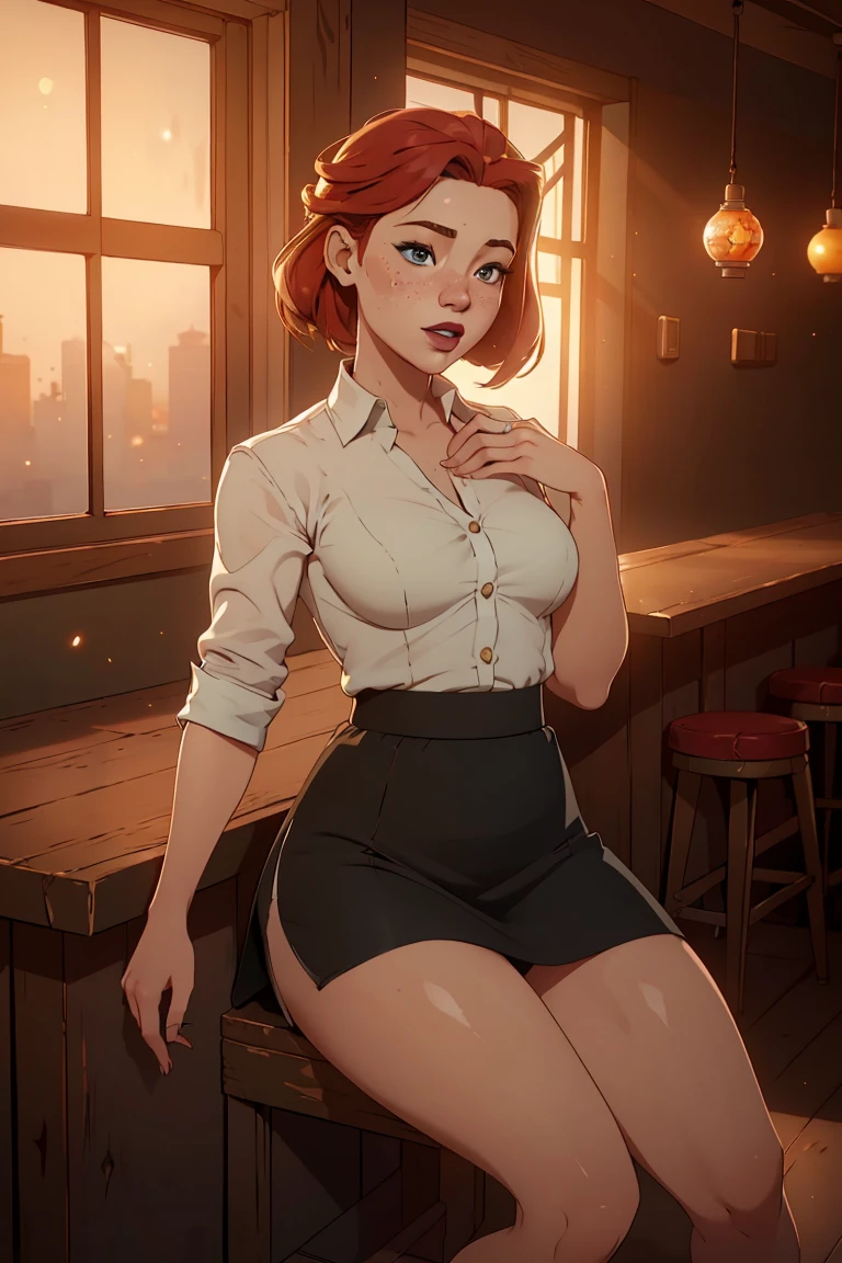 1️⃣ 1girl,solo,skirt,blue eyes,realistic,long hair,navel,midriff,blurry background,shirt,freckles,blurry,lips,pencil skirt,looking at viewer,blue shirt,miniskirt,cowboy shot,orange hair,breasts,black skirt,brown hair,nose,arms at sides