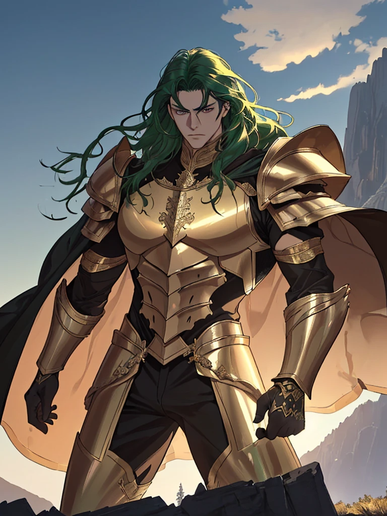 (huge tall man with dark green hair,long hair,beautiful detailed eyes,detailed face, wearing golden scorpion armor like the knights of the zodiac,well-built body),with (realistic,photorealistic) rendering, in a (dramatic, epic) pose, standing on a (rocky, mountainous) terrain surrounded by (majestic, towering) trees, under a (shimmering, radiant) sunset sky. The (intense, warm) light illuminates the scene, casting (deep, striking) shadows on the landscape. The armor reflects the light, creating a (glowing, metallic) effect. The man's muscles are well-defined and the armor fits perfectly, showcasing his strength and power. He holds a (gleaming, mighty) sword with intricate engravings, ready for battle. The wind blows through his hair and the fabric of his cloak, adding a sense of movement and dynamism to the composition.