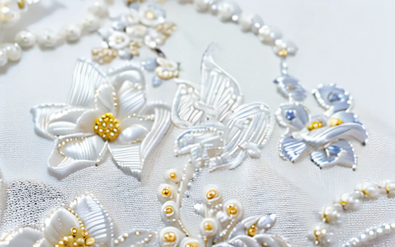 Bride ', Veil with Fine embroidery, Blanche, beautiful stitched hem, Rococo pattern, silver thread embroidery on white background, decorated with pearly beads, close-up photo of beautiful bride ', Veil on wedding day, studio lighting, photographed by professionals, masterpieces,