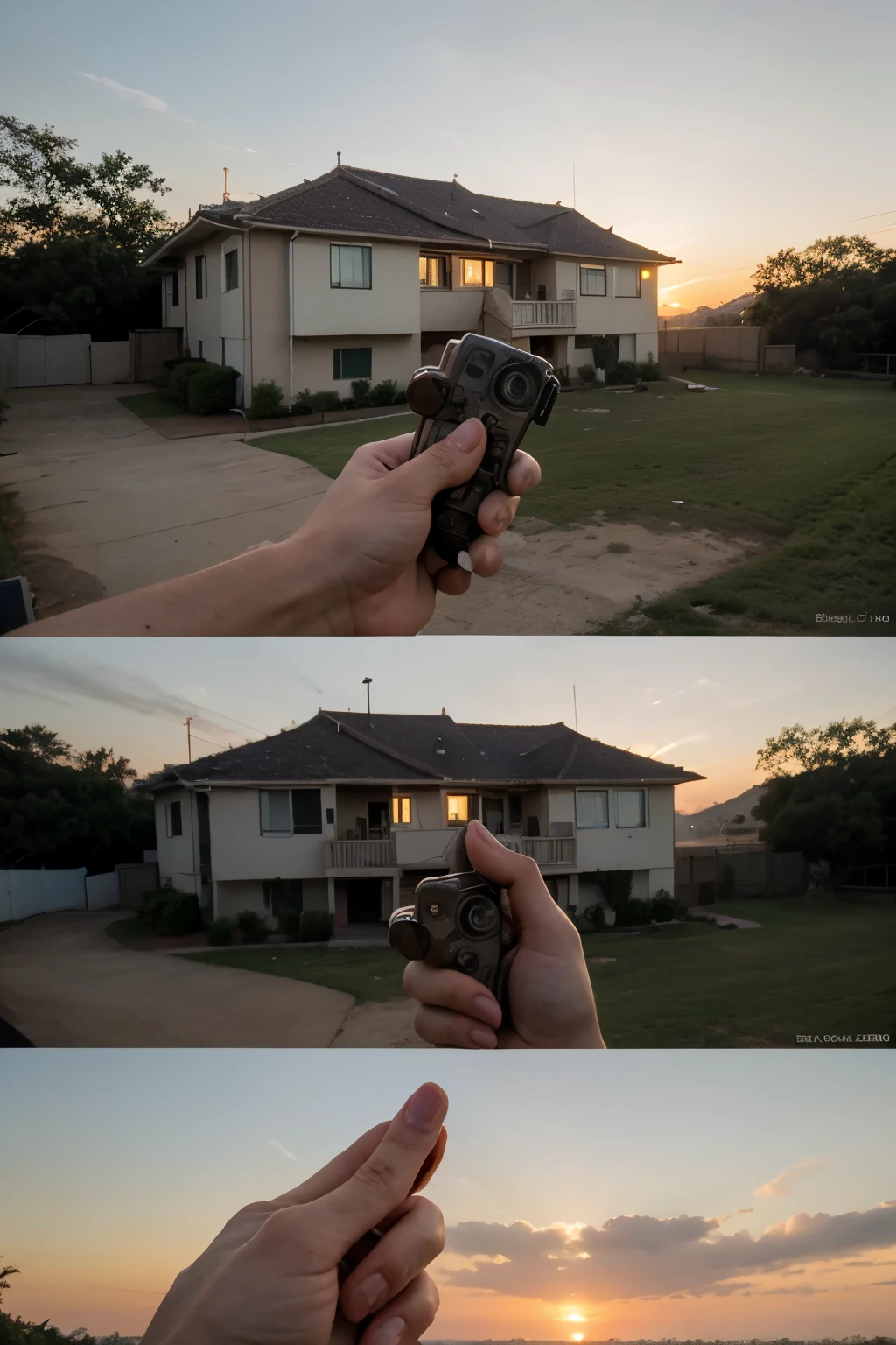 Crie uma imagem realista de uma casa, in the background a sunset and above the images two hands making a negotiation, uma entregando uma chave para a outra.