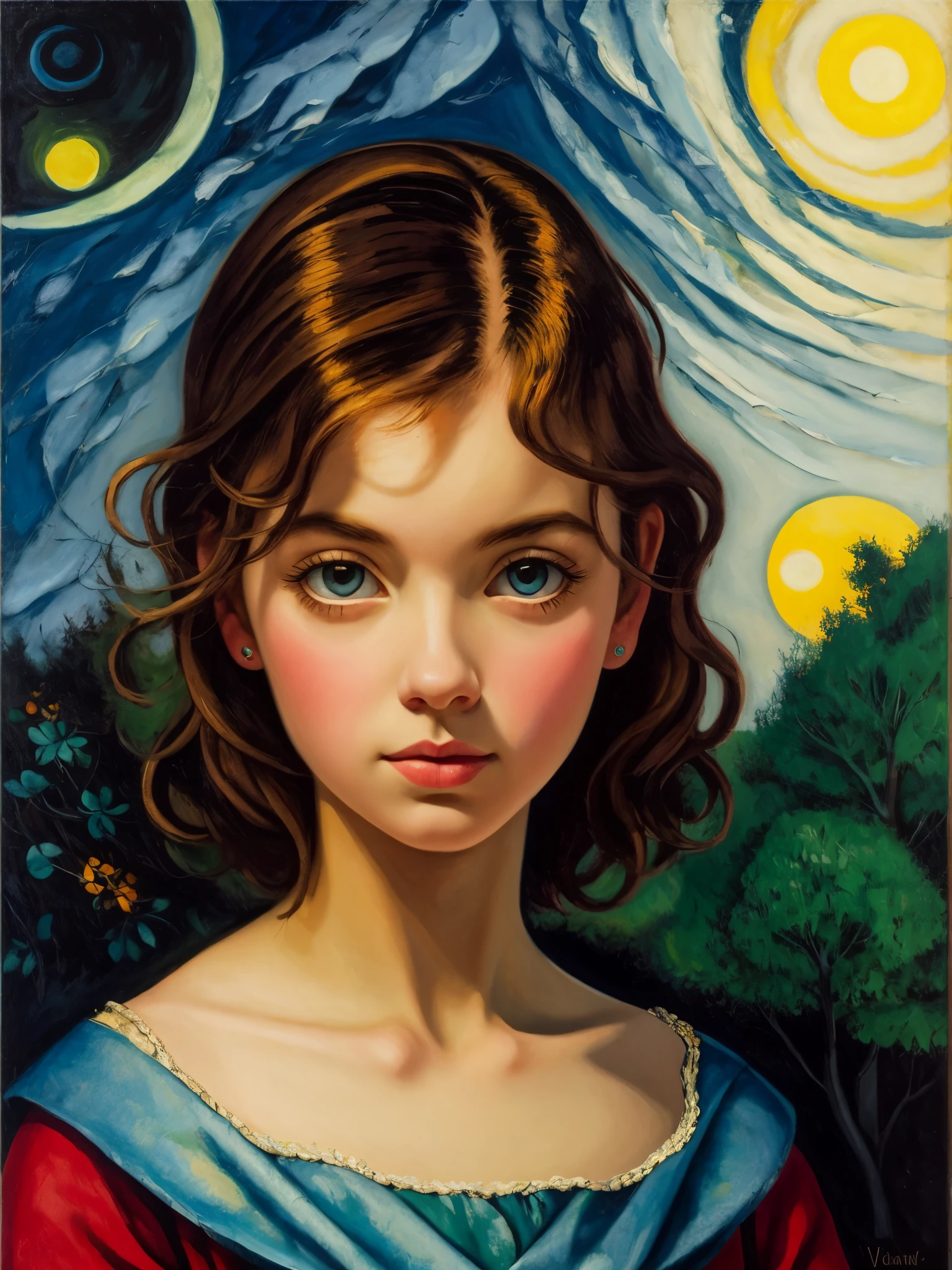 [[(front full portrait:1girl (solo) with big eyes and a short hair oblique bob)((Paolo Veronese style)), [dress ((Marc Chagall style)])):20]/[background: landscape
 Renaissance, old canva, (scarlet sunset), ((landscape style Alexey Savrasov))]/[very colorful,((oil painting palette knife))((masterpiece)),((highest detail))]]