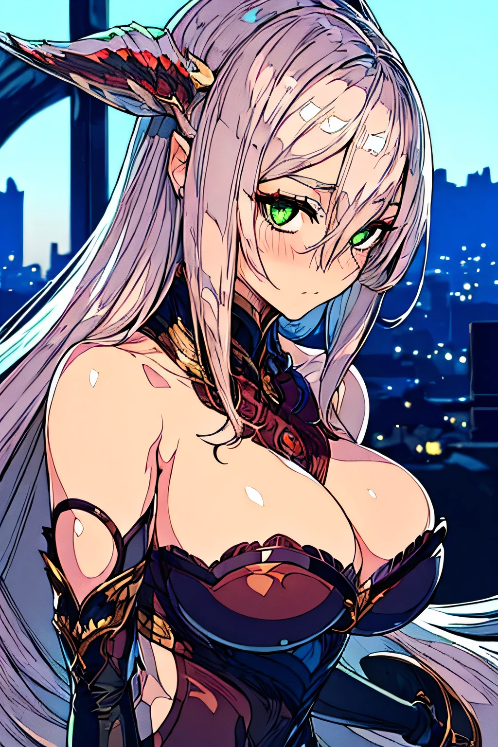 Dragon Girl (white hair) (green eyes), (hair over one eye) (alone), 4k full hd, (((Perfect figure high resolution, ((Best quality at best)),masterpiece,quality,Best quality ((Tabletop)),(((highest quality))),((Very detailed)),((((Realistic)))), Photorealistic:1.37, (Super realistic), (High resolution), (Very detailed), (Best illustrations), (Very detailed細), (Detailed face), (Beautiful expression), ((Details highest quality skins:1.2)), ((Moisturizing the skin)), ((Reddish blush)), (Very detailed background, Detailed Background), Looking at the audience, Huge breasts, Toned thighs, Beautiful cityscape