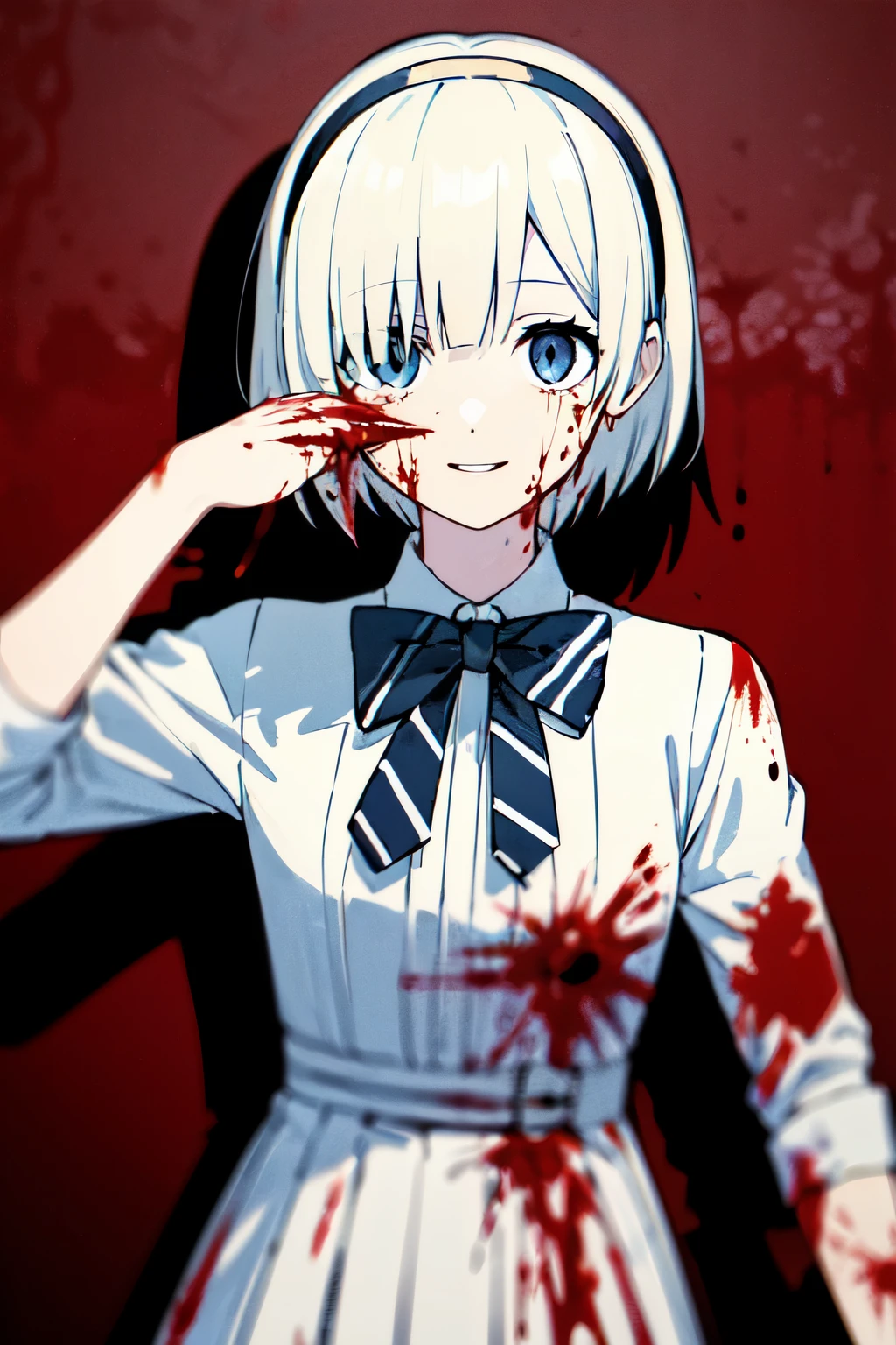 okuzora kohaku,
(best quality), (masterpiece),highres,ultra-detailed,illustration,(detailed light),
solo,1girl, teenage,
blonde hair, short hair, hairband, bangs, blue eyes, ultra-detailed eyes, kind smile, white dress, long sleeves, bowtie, striped, outdoors, shibuya \(tokyo\), (((blood, blood on arm, blood on face, blood on clothes, blood on hands)))