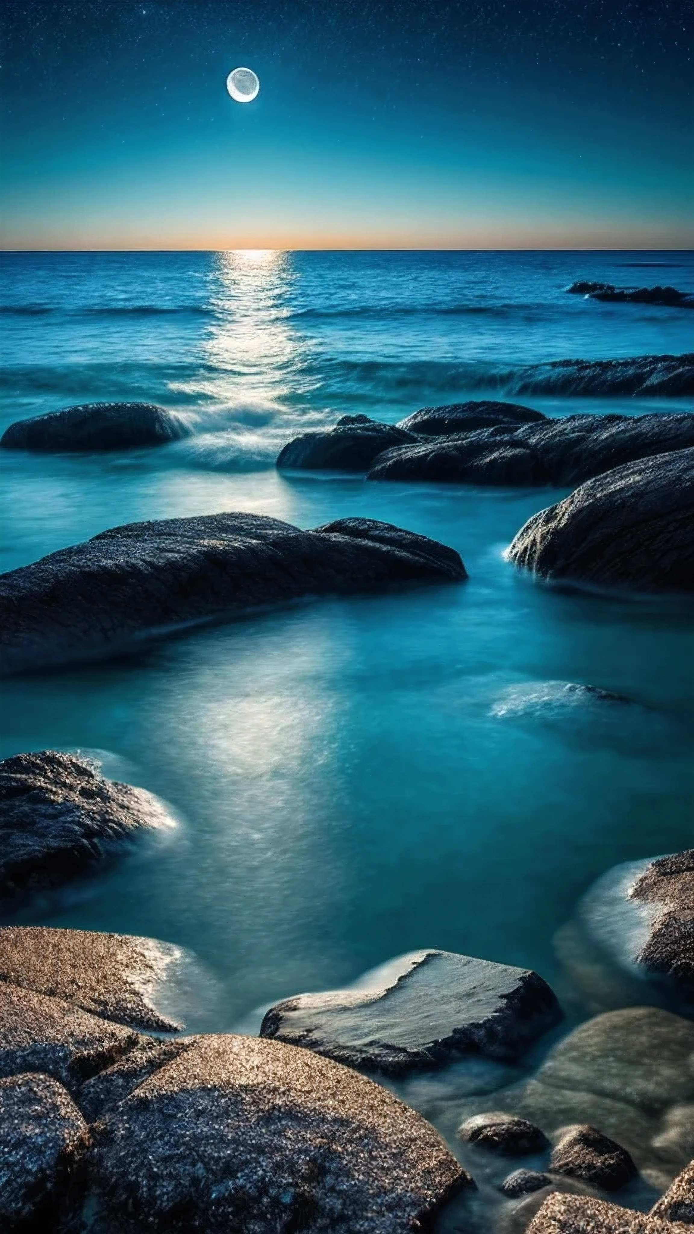 Photo realistic image of a night sea landscape with the moon being projected into the crystal clear waters with a starry sky 