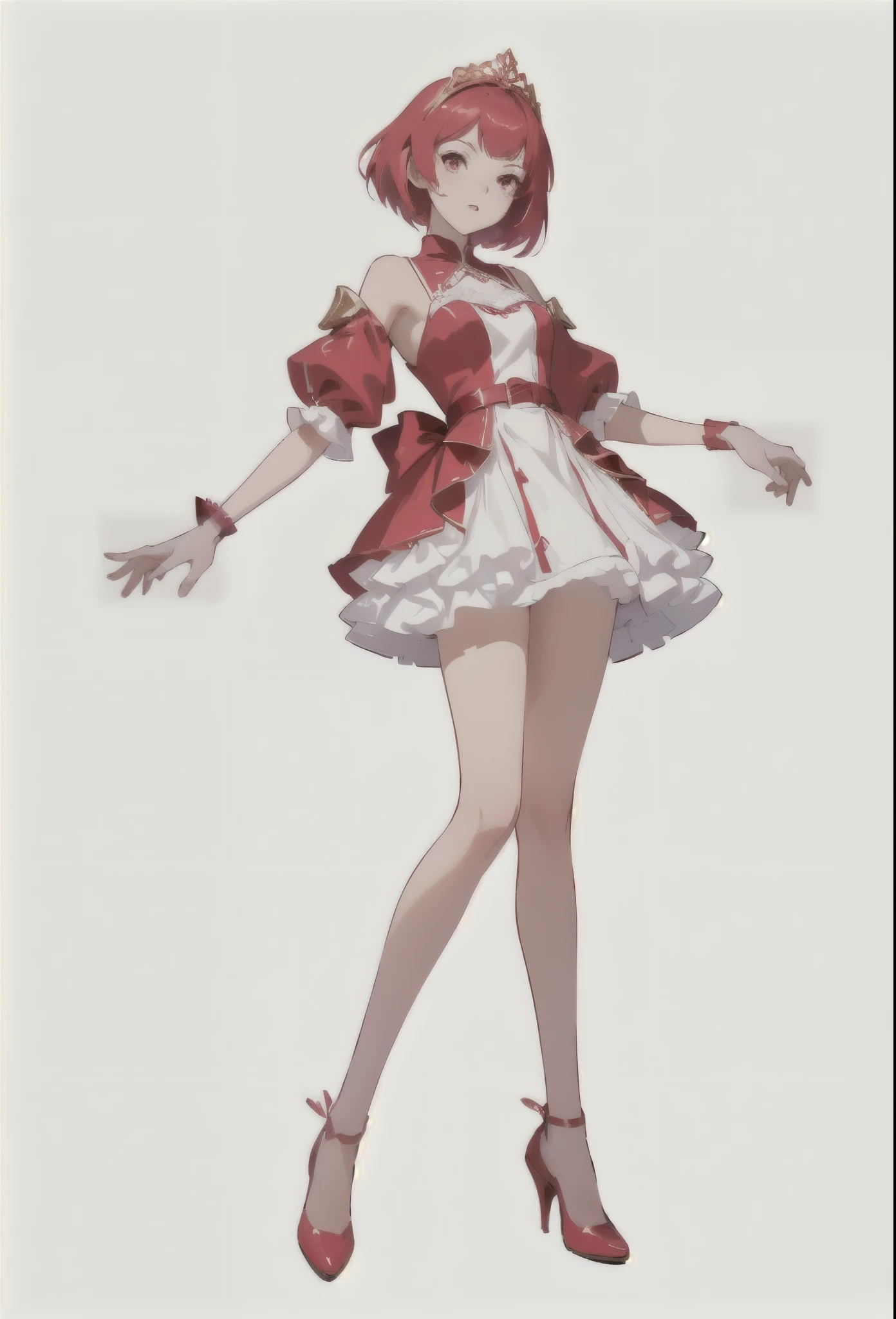 A young princess alone, red short hair, pink eyes, slim build, wine red outfit with white and gold details, short dress, red shorts under the dress, golden shoes, full body, concept art character, cartoon style, white background