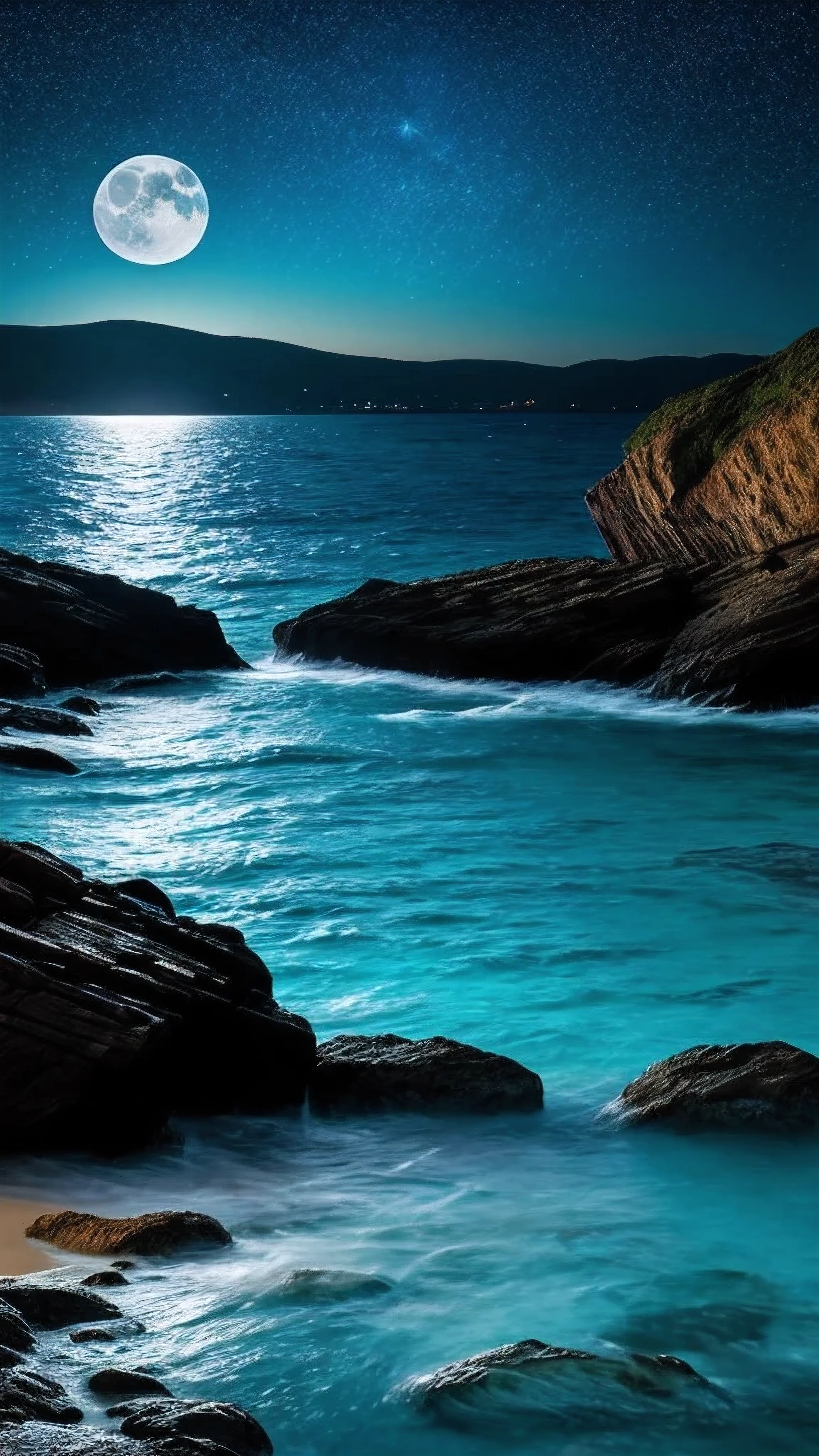 Photo realistic image of a night sea landscape with the moon being projected into the crystal clear waters with a starry sky