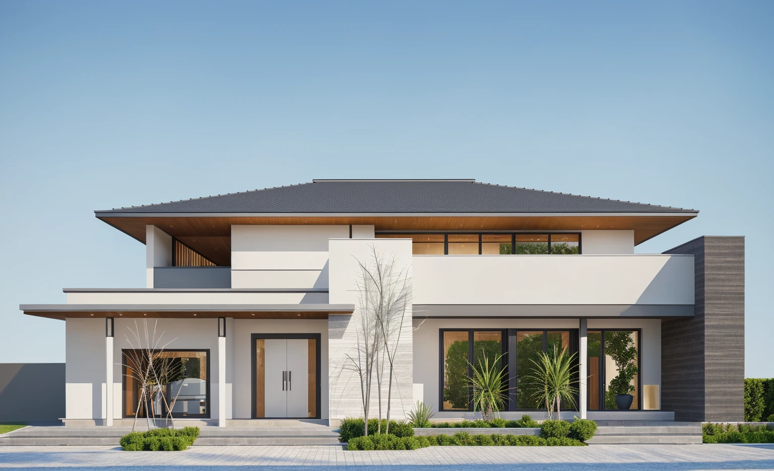 PLATFORM KTHOUSE, 1 morden villa, slope roof, main material of villa about build color wall:1.2 glass panel:1.1 and stone:1.2, 1large yard, 1 road runs in front of the house, (RAW photo, real, best quality, masterpiece:1.2), look morden minimalist, 1 road in front of the house, dynamic lighting:1.3, (hyper realistic, photo-realistic:1.2), high quality, (dark lighting:1.2), perfect lighting, archdaily, no human, light at 12 noon, light in door:1.2