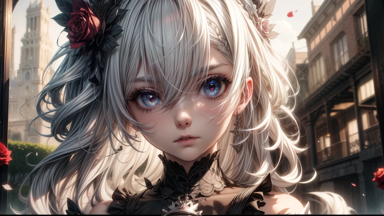 A  girl，Wilted roses，Gothic，White hair，Hyper-Resolution，Accuracy，detail render，（Delicate Face Portrayal）（Fine hair depiction）（Best quality at best）（tmasterpiece）（High degree of completion）（a sense of atmosphere）tmasterpiece，ultra - detailed（bust）style of anime